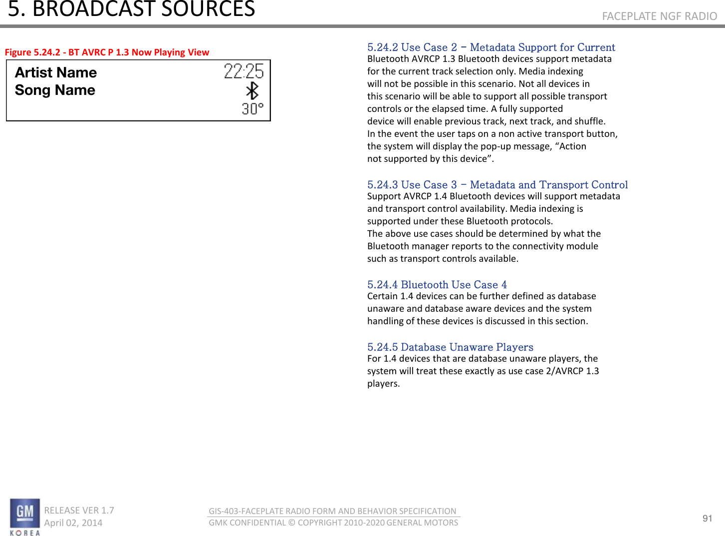 91 RELEASE VER 1.7                          April 02, 2014 GIS-403-FACEPLATE RADIO FORM AND BEHAVIOR SPECIFICATION GMK CONFIDENTIAL © COPYRIGHT 2010-2020 GENERAL MOTORS FACEPLATE NGF RADIO 5. BROADCAST SOURCES 5.24.2 Use Case 2 - Metadata Support for Current Bluetooth AVRCP 1.3 Bluetooth devices support metadata for the current track selection only. Media indexing will not be possible in this scenario. Not all devices in this scenario will be able to support all possible transport controls or the elapsed time. A fully supported device will enable previous track, next track, and shuffle. In the event the user taps on a non active transport button, the system will display the pop-up essage, Atio not supported by this device.  5.24.3 Use Case 3 - Metadata and Transport Control Support AVRCP 1.4 Bluetooth devices will support metadata and transport control availability. Media indexing is supported under these Bluetooth protocols. The above use cases should be determined by what the Bluetooth manager reports to the connectivity module such as transport controls available.  5.24.4 Bluetooth Use Case 4 Certain 1.4 devices can be further defined as database unaware and database aware devices and the system handling of these devices is discussed in this section.  5.24.5 Database Unaware Players For 1.4 devices that are database unaware players, the system will treat these exactly as use case 2/AVRCP 1.3 players. Figure 5.24.2 - BT AVRC P 1.3 Now Playing View Artist Name Song Name 