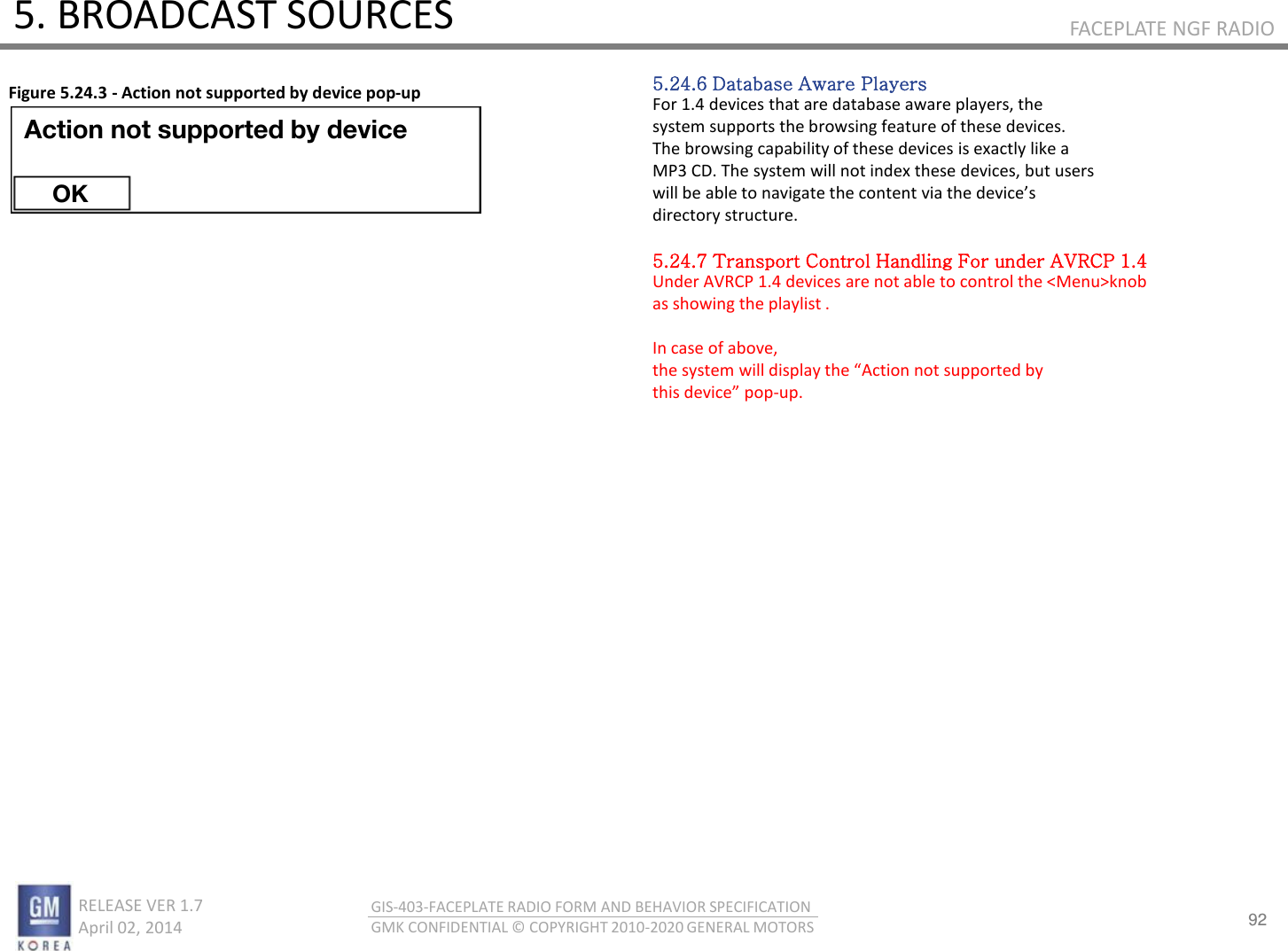 92 RELEASE VER 1.7                          April 02, 2014 GIS-403-FACEPLATE RADIO FORM AND BEHAVIOR SPECIFICATION GMK CONFIDENTIAL © COPYRIGHT 2010-2020 GENERAL MOTORS FACEPLATE NGF RADIO 5. BROADCAST SOURCES 5.24.6 Database Aware Players For 1.4 devices that are database aware players, the system supports the browsing feature of these devices. The browsing capability of these devices is exactly like a MP3 CD. The system will not index these devices, but users ill e ale to aigate the otet ia the deies directory structure.  5.24.7 Transport Control Handling For under AVRCP 1.4 Under AVRCP 1.4 devices are not able to control the &lt;Menu&gt;knob as showing the playlist .  In case of above,  the sste ill displa the Atio ot suppoted  this deie pop-up. Figure 5.24.3 - Action not supported by device pop-up Action not supported by device OK 