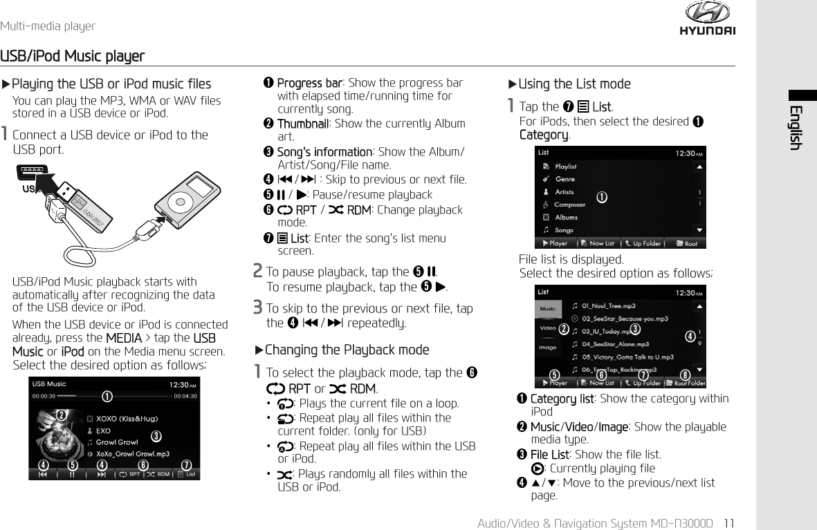 $XGLR9LGHR1DYLJDWLRQ6\VWHP0'1' (QJOLVK0XOWLPHGLDSOD\HU86%L3RG0XVLFSOD\HUҸ3OD\LQJWKH86%RUL3RGPXVLFILOHV<RXFDQSOD\WKH03:0$RU:$9ILOHVVWRUHGLQD86%GHYLFHRUL3RG&amp;RQQHFWD86%GHYLFHRUL3RGWRWKH86%SRUW86%L3RG0XVLFSOD\EDFNVWDUWVZLWKDXWRPDWLFDOO\DIWHUUHFRJQL]LQJWKHGDWDRIWKH86%GHYLFHRUL3RG:KHQWKH86%GHYLFHRUL3RGLVFRQQHFWHGDOUHDG\SUHVVWKH0(',$!WDSWKH86%0XVLFRUL3RGRQWKH0HGLDPHQXVFUHHQ6HOHFWWKHGHVLUHGRSWLRQDVIROORZVǬ3URJUHVVEDU6KRZWKHSURJUHVVEDUZLWKHODSVHGWLPHUXQQLQJWLPHIRUFXUUHQWO\VRQJǭ7KXPEQDLO6KRZWKHFXUUHQWO\$OEXPDUWǮ6RQJVLQIRUPDWLRQ6KRZWKH$OEXP$UWLVW6RQJ)LOHQDPHǯ,ҼҼҸҸ,6NLSWRSUHYLRXVRUQH[WILOHǰ  3DXVHUHVXPHSOD\EDFNǱ537 5'0&amp;KDQJHSOD\EDFNPRGHǲ/LVW(QWHUWKHVRQJVOLVWPHQXVFUHHQ7RSDXVHSOD\EDFNWDSWKHǰ 7RUHVXPHSOD\EDFNWDSWKHǰ7RVNLSWRWKHSUHYLRXVRUQH[WILOHWDSWKHǯ,ҼҼҸҸ,UHSHDWHGO\Ҹ&amp;KDQJLQJWKH3OD\EDFNPRGH7RVHOHFWWKHSOD\EDFNPRGHWDSWKHǱ537RU 5'0Н3OD\VWKHFXUUHQWILOHRQDORRSН5HSHDWSOD\DOOILOHVZLWKLQWKHFXUUHQWIROGHURQO\IRU86%Н5HSHDWSOD\DOOILOHVZLWKLQWKH86%RUL3RGН3OD\VUDQGRPO\DOOILOHVZLWKLQWKH86%RUL3RGҸ8VLQJWKH/LVWPRGH7DSWKHǲ /LVW)RUL3RGVWKHQVHOHFWWKHGHVLUHGǬ&amp;DWHJRU\ǱǮǯ ǯǰ ǲǭǬǬ)LOHOLVWLVGLVSOD\HG6HOHFWWKHGHVLUHGRSWLRQDVIROORZVǮǯǰ Ǳ ǲ ǳǭǬ&amp;DWHJRU\OLVW6KRZWKHFDWHJRU\ZLWKLQL3RGǭ0XVLF9LGHR,PDJH6KRZWKHSOD\DEOHPHGLDW\SHǮ)LOH/LVW6KRZWKHILOHOLVW&amp;XUUHQWO\SOD\LQJILOHǯҶҺ0RYHWRWKHSUHYLRXVQH[WOLVWSDJH