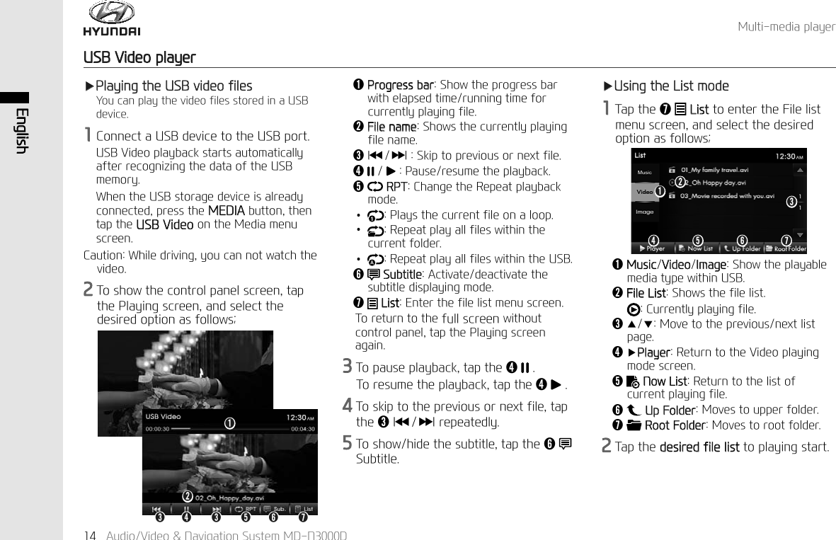 (QJOLVK$XGLR9LGHR1DYLJDWLRQ6\VWHP0'1'0XOWLPHGLDSOD\HU86%9LGHRSOD\HUҸ3OD\LQJWKH86%YLGHRILOHV<RXFDQSOD\WKHYLGHRILOHVVWRUHGLQD86%GHYLFH&amp;RQQHFWD86%GHYLFHWRWKH86%SRUW86%9LGHRSOD\EDFNVWDUWVDXWRPDWLFDOO\DIWHUUHFRJQL]LQJWKHGDWDRIWKH86%PHPRU\:KHQWKH86%VWRUDJHGHYLFHLVDOUHDG\FRQQHFWHGSUHVVWKH0(',$EXWWRQWKHQWDSWKH86%9LGHRRQWKH0HGLDPHQXVFUHHQ&amp;DXWLRQ:KLOHGULYLQJ\RXFDQQRWZDWFKWKHYLGHR7RVKRZWKHFRQWUROSDQHOVFUHHQWDSWKH3OD\LQJVFUHHQDQGVHOHFWWKHGHVLUHGRSWLRQDVIROORZVǬ0XVLF9LGHR,PDJH6KRZWKHSOD\DEOHPHGLDW\SHZLWKLQ86%ǭ)LOH/LVW6KRZVWKHILOHOLVW&amp;XUUHQWO\SOD\LQJILOHǮҶҺ0RYHWRWKHSUHYLRXVQH[WOLVWSDJHǯҸ3OD\HU5HWXUQWRWKH9LGHRSOD\LQJPRGHVFUHHQǰ 1RZ/LVW5HWXUQWRWKHOLVWRIFXUUHQWSOD\LQJILOHǱ8S)ROGHU0RYHVWRXSSHUIROGHUǲ5RRW)ROGHU0RYHVWRURRWIROGHU7DSWKHGHVLUHGILOHOLVWWRSOD\LQJVWDUWǬ3URJUHVVEDU6KRZWKHSURJUHVVEDUZLWKHODSVHGWLPHUXQQLQJWLPHIRUFXUUHQWO\SOD\LQJILOHǭ)LOHQDPH6KRZVWKHFXUUHQWO\SOD\LQJILOHQDPHǮ,ҼҼҸҸ,6NLSWRSUHYLRXVRUQH[WILOHǯ 3DXVHUHVXPHWKHSOD\EDFNǰ537&amp;KDQJHWKH5HSHDWSOD\EDFNPRGHН3OD\VWKHFXUUHQWILOHRQDORRSН5HSHDWSOD\DOOILOHVZLWKLQWKHFXUUHQWIROGHUН5HSHDWSOD\DOOILOHVZLWKLQWKH86%Ǳ6XEWLWOH$FWLYDWHGHDFWLYDWHWKHVXEWLWOHGLVSOD\LQJPRGHǲ/LVW(QWHUWKHILOHOLVWPHQXVFUHHQ7RUHWXUQWRWKHIXOOVFUHHQZLWKRXWFRQWUROSDQHOWDSWKH3OD\LQJVFUHHQDJDLQ7RSDXVHSOD\EDFNWDSWKHǯ 7RUHVXPHWKHSOD\EDFNWDSWKHǯ7RVNLSWRWKHSUHYLRXVRUQH[WILOHWDSWKHǮ,ҼҼҸҸ,UHSHDWHGO\7RVKRZKLGHWKHVXEWLWOHWDSWKHǱ 6XEWLWOHǯǭǮ Ǯ ǰ ǲǱǬҸ8VLQJWKH/LVWPRGH7DSWKHǲ /LVWWRHQWHUWKH)LOHOLVWPHQXVFUHHQDQGVHOHFWWKHGHVLUHGRSWLRQDVIROORZVǱǮǯ ǰ ǲǭǬ