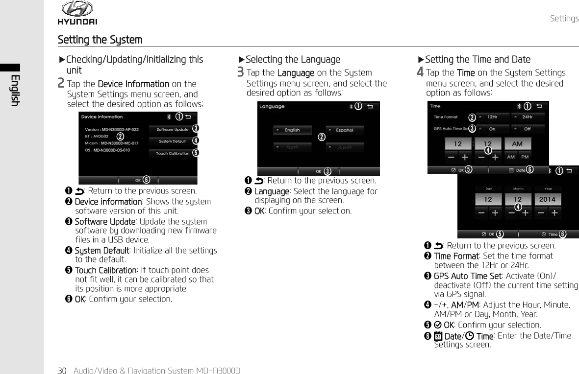 (QJOLVK$XGLR9LGHR1DYLJDWLRQ6\VWHP0'1'6HWWLQJV6HWWLQJWKH6\VWHPҸ&amp;KHFNLQJ8SGDWLQJ,QLWLDOL]LQJWKLVXQLW7DSWKH'HYLFH,QIRUPDWLRQRQWKH6\VWHP6HWWLQJVPHQXVFUHHQDQGVHOHFWWKHGHVLUHGRSWLRQDVIROORZVǮǭǬǬ5HWXUQWRWKHSUHYLRXVVFUHHQǭ'HYLFHLQIRUPDWLRQ6KRZVWKHV\VWHPVRIWZDUHYHUVLRQRIWKLVXQLWǮ6RIWZDUH8SGDWH8SGDWHWKHV\VWHPVRIWZDUHE\GRZQORDGLQJQHZILUPZDUHILOHVLQD86%GHYLFHǯ6\VWHP'HIDXOW,QLWLDOL]HDOOWKHVHWWLQJVWRWKHGHIDXOWǰ7RXFK&amp;DOLEUDWLRQ,IWRXFKSRLQWGRHVQRWILWZHOOLWFDQEHFDOLEUDWHGVRWKDWLWVSRVLWLRQLVPRUHDSSURSULDWHǱ2.&amp;RQILUP\RXUVHOHFWLRQǮǱǯǭǬǰҸ6HOHFWLQJWKH/DQJXDJH7DSWKH/DQJXDJHRQWKH6\VWHP6HWWLQJVPHQXVFUHHQDQGVHOHFWWKHGHVLUHGRSWLRQDVIROORZVǬ5HWXUQWRWKHSUHYLRXVVFUHHQǭ/DQJXDJH6HOHFWWKHODQJXDJHIRUGLVSOD\LQJRQWKHVFUHHQǮ2.&amp;RQILUP\RXUVHOHFWLRQǱǯǰǬǯǮǭǬǰ ǱǬ5HWXUQWRWKHSUHYLRXVVFUHHQǭ7LPH)RUPDW6HWWKHWLPHIRUPDWEHWZHHQWKH+URU+UǮ*36$XWR7LPH6HW$FWLYDWH2QGHDFWLYDWH2IIWKHFXUUHQWWLPHVHWWLQJYLD*36VLJQDOǯ$030$GMXVWWKH+RXU0LQXWH$030RU'D\0RQWK<HDUǰ2.&amp;RQILUP\RXUVHOHFWLRQǱ'DWH7LPH(QWHUWKH'DWH7LPH6HWWLQJVVFUHHQҸ6HWWLQJWKH7LPHDQG'DWH7DSWKH7LPHRQWKH6\VWHP6HWWLQJVPHQXVFUHHQDQGVHOHFWWKHGHVLUHGRSWLRQDVIROORZV