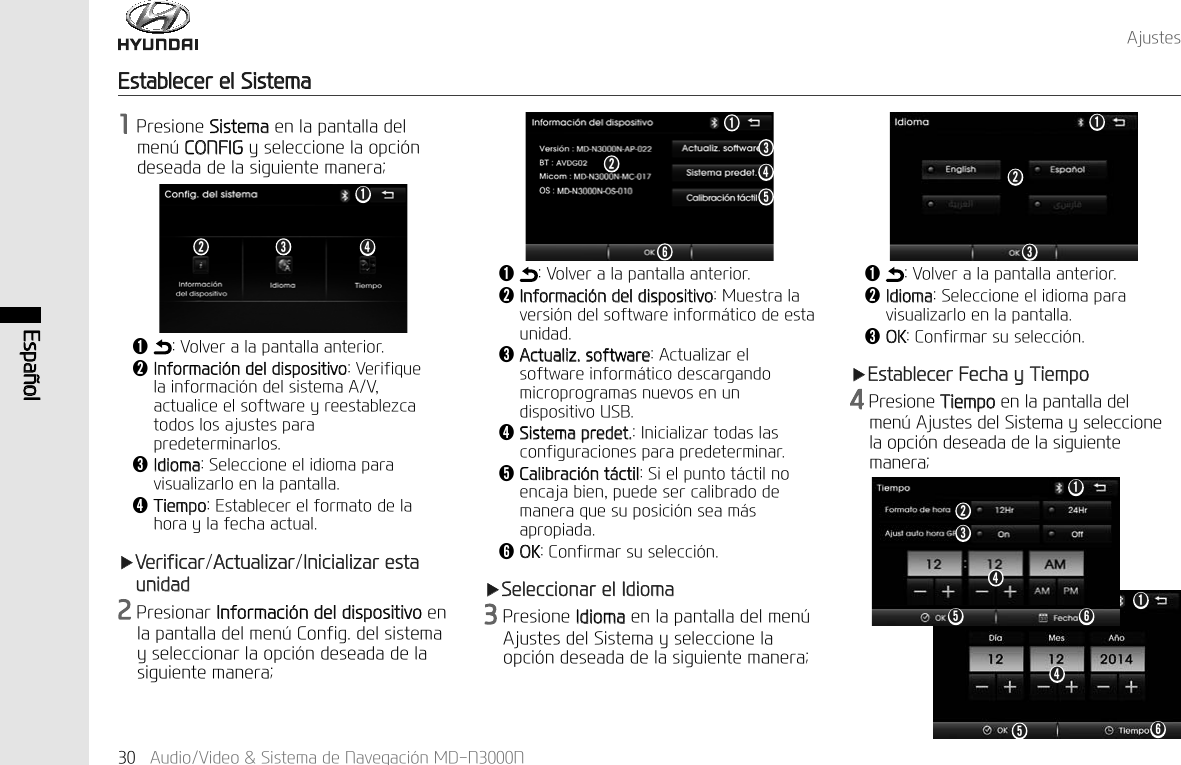 (VSD&sup3;RO$XGLR9LGHR6LVWHPDGH1DYHJDFL&micro;Q0'11$MXVWHV(VWDEOHFHUHO6LVWHPD3UHVLRQH6LVWHPDHQODSDQWDOODGHOPHQ&frac14;&amp;21),*\VHOHFFLRQHODRSFL&micro;QGHVHDGDGHODVLJXLHQWHPDQHUDǬ9ROYHUDODSDQWDOODDQWHULRUǭ,QIRUPDFL&micro;QGHOGLVSRVLWLYR9HULILTXHODLQIRUPDFL&micro;QGHOVLVWHPD$9DFWXDOLFHHOVRIWZDUH\UHHVWDEOH]FDWRGRVORVDMXVWHVSDUDSUHGHWHUPLQDUORVǮ,GLRPD6HOHFFLRQHHOLGLRPDSDUDYLVXDOL]DUORHQODSDQWDOODǯ7LHPSR(VWDEOHFHUHOIRUPDWRGHODKRUD\ODIHFKDDFWXDOҸ9HULILFDU$FWXDOL]DU,QLFLDOL]DUHVWDXQLGDG3UHVLRQDU,QIRUPDFL&micro;QGHOGLVSRVLWLYRHQODSDQWDOODGHOPHQ&frac14;&amp;RQILJGHOVLVWHPD\VHOHFFLRQDUODRSFL&micro;QGHVHDGDGHODVLJXLHQWHPDQHUDǬ9ROYHUDODSDQWDOODDQWHULRUǭ,QIRUPDFL&micro;QGHOGLVSRVLWLYR0XHVWUDODYHUVL&micro;QGHOVRIWZDUHLQIRUP&pound;WLFRGHHVWDXQLGDGǮ$FWXDOL]VRIWZDUH$FWXDOL]DUHOVRIWZDUHLQIRUP&pound;WLFRGHVFDUJDQGRPLFURSURJUDPDVQXHYRVHQXQGLVSRVLWLYR86%ǯ6LVWHPDSUHGHW,QLFLDOL]DUWRGDVODVFRQILJXUDFLRQHVSDUDSUHGHWHUPLQDUǰ&amp;DOLEUDFL&micro;QW&pound;FWLO6LHOSXQWRW&pound;FWLOQRHQFDMDELHQSXHGHVHUFDOLEUDGRGHPDQHUDTXHVXSRVLFL&micro;QVHDP&pound;VDSURSLDGDǱ2.&amp;RQILUPDUVXVHOHFFL&micro;QҸ6HOHFFLRQDUHO,GLRPD3UHVLRQH,GLRPDHQODSDQWDOODGHOPHQ&frac14;$MXVWHVGHO6LVWHPD\VHOHFFLRQHODRSFL&micro;QGHVHDGDGHODVLJXLHQWHPDQHUDǮǭǬǯǮǭǬǬ9ROYHUDODSDQWDOODDQWHULRUǭ,GLRPD6HOHFFLRQHHOLGLRPDSDUDYLVXDOL]DUORHQODSDQWDOODǮ2.&amp;RQILUPDUVXVHOHFFL&micro;QҸ(VWDEOHFHU)HFKD\7LHPSR3UHVLRQH7LHPSRHQODSDQWDOODGHOPHQ&frac14;$MXVWHVGHO6LVWHPD\VHOHFFLRQHODRSFL&micro;QGHVHDGDGHODVLJXLHQWHPDQHUDǮǱǯǭǬǰǱǯǬǯǮǭǬǰ Ǳǰ