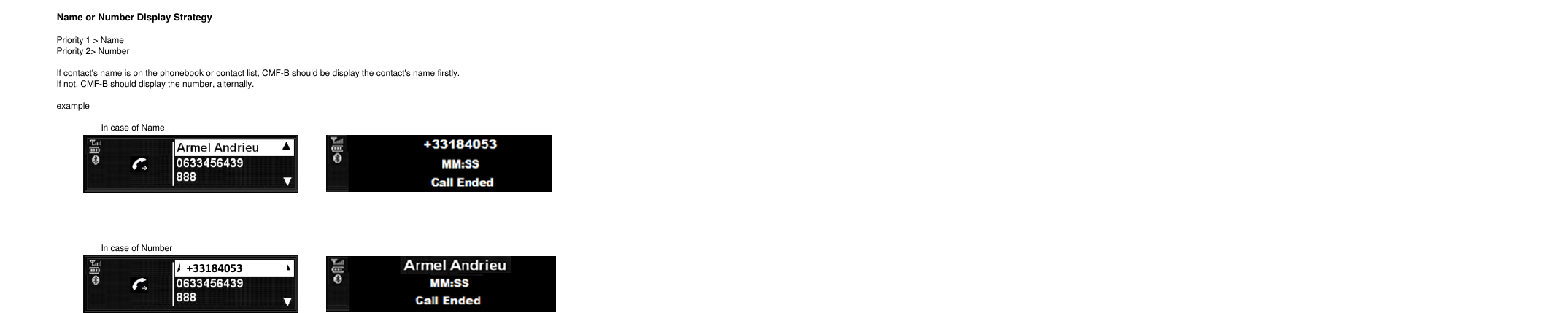 Name or Number Display StrategyPriority 1 &gt; NamePriority 2&gt; NumberIf contact&apos;s name is on the phonebook or contact list, CMF-B should be display the contact&apos;s name firstly.If not, CMF-B should display the number, alternally.exampleIn case of NameIn case of Number+33184053