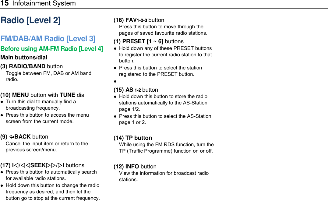 15 Infotainment System    Radio [Level 2] FM/DAB/AM Radio [Level 3] Before using AM-FM Radio [Level 4] Main buttons/dial (3) RADIO/BAND button Toggle between FM, DAB or AM band radio.  (10) MENU button with TUNE dial  Turn this dial to manually find a broadcasting frequency.  Press this button to access the menu screen from the current mode.  (9) BACK button Cancel the input item or return to the previous screen/menu.  (17) I/SEEK/I buttons  Press this button to automatically search for available radio stations.  Hold down this button to change the radio frequency as desired, and then let the button go to stop at the current frequency.  (16) FAV1-2-3 button Press this button to move through the pages of saved favourite radio stations. (1) PRESET [1 ~ 6] buttons  Hold down any of these PRESET buttons to register the current radio station to that button.  Press this button to select the station registered to the PRESET button.   (15) AS 1-2 button  Hold down this button to store the radio stations automatically to the AS-Station page 1/2.  Press this button to select the AS-Station page 1 or 2.  (14) TP button While using the FM RDS function, turn the TP (Traffic Programme) function on or off.  (12) INFO button View the information for broadcast radio stations.    