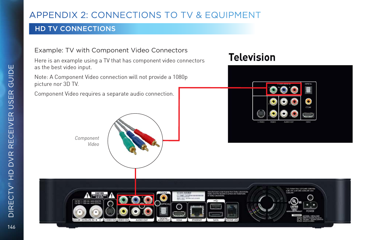 146DIRECTV® HD DVR RECEIVER USER GUIDEExample: TV with Component Video ConnectorsHere is an example using a TV that has component video connectors as the best video input.Note: A Component Video connection will not provide a 1080p picture nor 3D TV.Component Video requires a separate audio connection.HD TV CONNECTIONSComponent VideoAPPENDIX 2:  CONNECTIONS TO TV &amp; EQUIPMENT