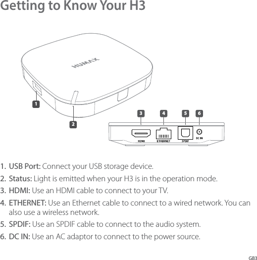 GB3Getting to Know Your H33 4 5 6121 789234561.  USB Port: Connect your USB storage device. 2.  Status: Light is emitted when your H3 is in the operation mode. 3.  HDMI: Use an HDMI cable to connect to your TV. 4.  ETHERNET: Use an Ethernet cable to connect to a wired network. You can also use a wireless network. 5.  SPDIF: Use an SPDIF cable to connect to the audio system. 6.  DC IN: Use an AC adaptor to connect to the power source. 