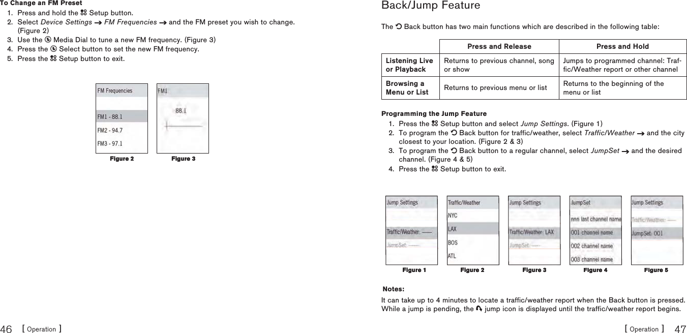[ Operation ]46[ Operation ] 47To Change an FM PresetPress and hold the   Setup button.Select Device Settings FM Frequencies  and the FM preset you wish to change.(Figure 2)Use the   Media Dial to tune a new FM frequency. (Figure 3)Press the   Select button to set the new FM frequency.Press the   Setup button to exit.1.2.3.4.5.Figure 2Figure 2 Figure 3Figure 3Back/Jump FeatureThe   Back button has two main functions which are described in the following table:Press and Release Press and HoldListening Live or PlaybackReturns to previous channel, song or showJumps to programmed channel: Traf-fic/Weather report or other channelBrowsing a Menu or List Returns to previous menu or list Returns to the beginning of the menu or listProgramming the Jump FeaturePress the   Setup button and select Jump Settings. (Figure 1)To program the   Back button for traffic/weather, select Traffic/Weather   and the city closest to your location. (Figure 2 &amp; 3)To program the   Back button to a regular channel, select JumpSet   and the desired channel. (Figure 4 &amp; 5)Press the   Setup button to exit.Notes:It can take up to 4 minutes to locate a traffic/weather report when the Back button is pressed.  While a jump is pending, the   jump icon is displayed until the traffic/weather report begins.1.2.3.4.Figure 1Figure 1 Figure 2Figure 2 Figure 3Figure 3Figure 4Figure 4Figure 5Figure 5