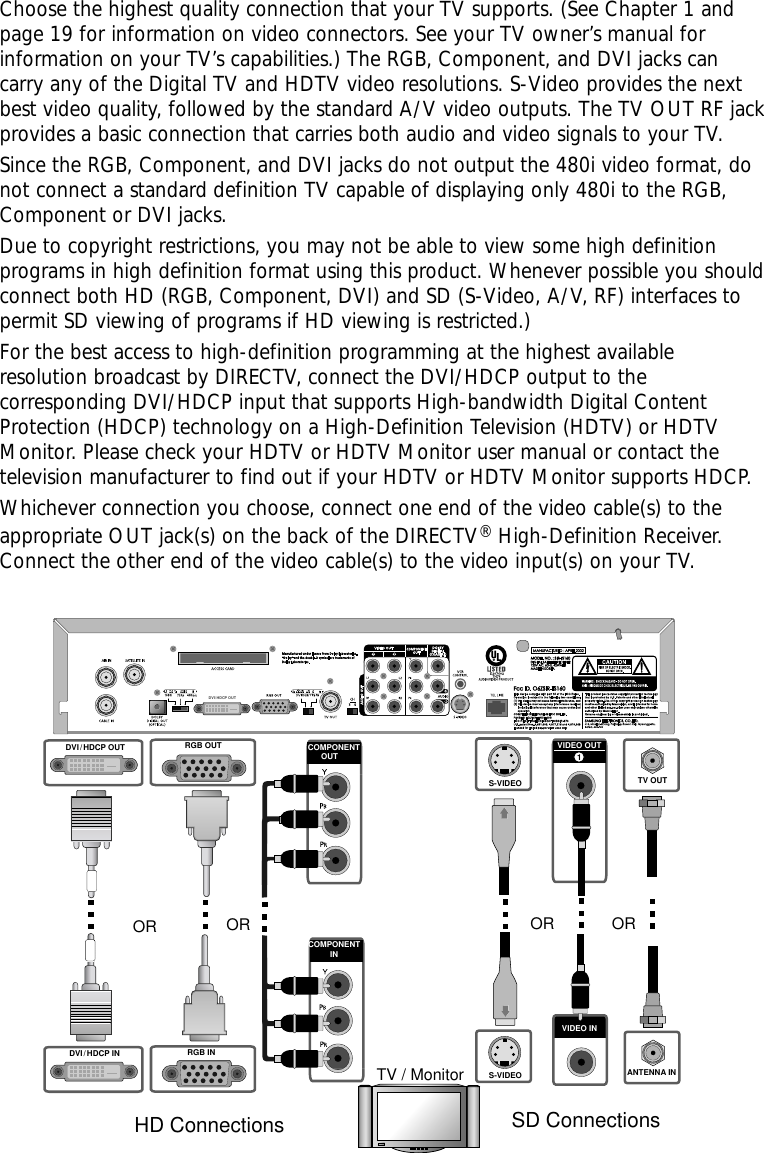 Choose the highest quality connection that your TV supports. (See Chapter 1 andpage 19 for information on video connectors. See your TV owner’s manual forinformation on your TV’s capabilities.) The RGB, Component, and DVI jacks cancarry any of the Digital TV and HDTV video resolutions. S-Video provides the nextbest video quality, followed by the standard A/V video outputs. The TV OUT RF jackprovides a basic connection that carries both audio and video signals to your TV.  Since the RGB, Component, and DVI jacks do not output the 480i video format, donot connect a standard definition TV capable of displaying only 480i to the RGB,Component or DVI jacks. Due to copyright restrictions, you may not be able to view some high definitionprograms in high definition format using this product. Whenever possible you shouldconnect both HD (RGB, Component, DVI) and SD (S-Video, A/V, RF) interfaces topermit SD viewing of programs if HD viewing is restricted.)For the best access to high-definition programming at the highest availableresolution broadcast by DIRECTV, connect the DVI/HDCP output to thecorresponding DVI/HDCP input that supports High-bandwidth Digital ContentProtection (HDCP) technology on a High-Definition Television (HDTV) or HDTVMonitor. Please check your HDTV or HDTV Monitor user manual or contact thetelevision manufacturer to find out if your HDTV or HDTV Monitor supports HDCP.  Whichever connection you choose, connect one end of the video cable(s) to theappropriate OUT jack(s) on the back of the DIRECTV®High-Definition Receiver.Connect the other end of the video cable(s) to the video input(s) on your TV.TV / MonitorTV OUTDVI / HDCP OUT RGB OUTS-VIDEOVIDEO OUT1COMPONENT      OUTANTENNA INVIDEO INCOMPONENTINS-VIDEOOROR ORORDVI / HDCP IN RGB INHD Connections SD ConnectionsDVI/ HDCP OUT