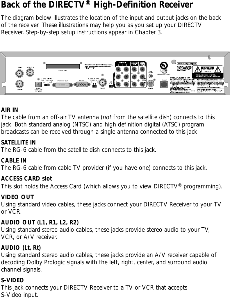 DVI/ HDCP OUTBack of the DIRECTV®High-Definition ReceiverThe diagram below illustrates the location of the input and output jacks on the backof the receiver. These illustrations may help you as you set up your DIRECTVReceiver. Step-by-step setup instructions appear in Chapter 3.AIR INThe cable from an off-air TV antenna (not from the satellite dish) connects to thisjack. Both standard analog (NTSC) and high definition digital (ATSC) programbroadcasts can be received through a single antenna connected to this jack.SATELLITE INThe RG-6 cable from the satellite dish connects to this jack.CABLE INThe RG-6 cable from cable TV provider (if you have one) connects to this jack.ACCESS CARD slot This slot holds the Access Card (which allows you to view DIRECTV®programming). VIDEO OUTUsing standard video cables, these jacks connect your DIRECTV Receiver to your TVor VCR.AUDIO OUT (L1, R1, L2, R2)Using standard stereo audio cables, these jacks provide stereo audio to your TV,VCR, or A/V receiver.AUDIO (Lt, Rt)Using standard stereo audio cables, these jacks provide an A/V receiver capable ofdecoding Dolby Prologic signals with the left, right, center, and surround audiochannel signals.S-VIDEO This jack connects your DIRECTV Receiver to a TV or VCR that accepts S-Video input. 