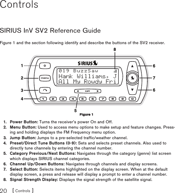 [ Controls ]20ControlsSIRIUS InV SV2 Reference GuideFigure 1 and the section following identify and describe the buttons of the SV2 receiver.123456768Hank Williams, JAll My Rowdy Fri019 BuzzSawPower Button: Turns the receiver’s power On and Off.Menu Button: Used to access menu options to make setup and feature changes. Press-ing and holding displays the FM Frequency menu option.Jump Button: Jumps to a pre-selected traffic/weather channel.Preset/Direct Tune Buttons (0-9): Sets and selects preset channels. Also used to directly tune channels by entering the channel number.Category Previous/Next Buttons: Navigates through the category (genre) list screen which displays SIRIUS channel categories.Channel Up/Down Buttons: Navigates through channels and display screens.Select Button: Selects items highlighted on the display screen. When at the default display screen, a press and release will display a prompt to enter a channel number.Signal Strength Display: Displays the signal strength of the satellite signal.1.2.3.4.5.6.7.8.Figure 1Figure 1