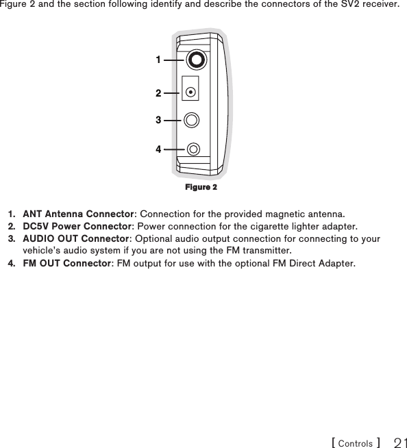 [ Controls ] 21Figure 2 and the section following identify and describe the connectors of the SV2 receiver.1234ANT Antenna Connector: Connection for the provided magnetic antenna.DC5V Power Connector: Power connection for the cigarette lighter adapter.AUDIO OUT Connector: Optional audio output connection for connecting to your vehicle’s audio system if you are not using the FM transmitter.FM OUT Connector: FM output for use with the optional FM Direct Adapter.1.2.3.4.Figure 2Figure 2