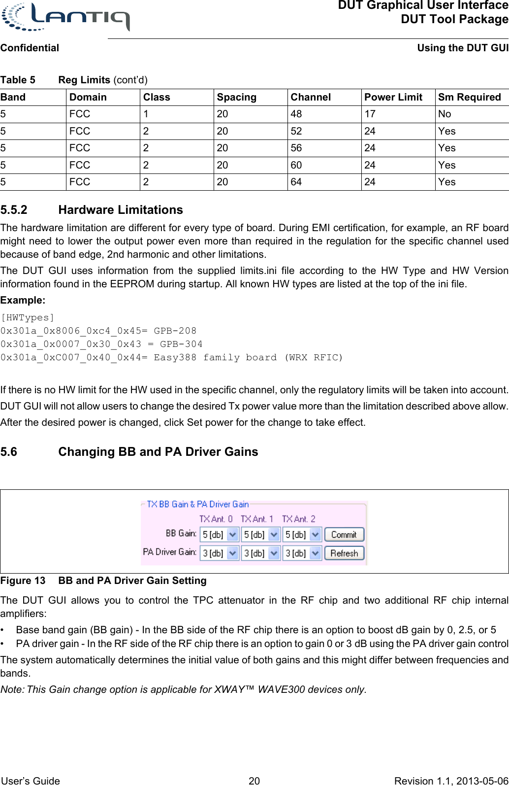 ConfidentialDUT Graphical User InterfaceDUT Tool PackageUsing the DUT GUI User’s Guide 20 Revision 1.1, 2013-05-06      5.5.2 Hardware LimitationsThe hardware limitation are different for every type of board. During EMI certification, for example, an RF board might need to lower the output power even more than required in the regulation for the specific channel used because of band edge, 2nd harmonic and other limitations.The DUT GUI uses information from the supplied limits.ini file according to the HW Type and HW Version information found in the EEPROM during startup. All known HW types are listed at the top of the ini file.Example:[HWTypes]0x301a_0x8006_0xc4_0x45= GPB-2080x301a_0x0007_0x30_0x43 = GPB-3040x301a_0xC007_0x40_0x44= Easy388 family board (WRX RFIC)If there is no HW limit for the HW used in the specific channel, only the regulatory limits will be taken into account.DUT GUI will not allow users to change the desired Tx power value more than the limitation described above allow.After the desired power is changed, click Set power for the change to take effect.5.6 Changing BB and PA Driver GainsFigure 13 BB and PA Driver Gain SettingThe DUT GUI allows you to control the TPC attenuator in the RF chip and two additional RF chip internal amplifiers:• Base band gain (BB gain) - In the BB side of the RF chip there is an option to boost dB gain by 0, 2.5, or 5• PA driver gain - In the RF side of the RF chip there is an option to gain 0 or 3 dB using the PA driver gain controlThe system automatically determines the initial value of both gains and this might differ between frequencies and bands.Note: This Gain change option is applicable for XWAY™ WAVE300 devices only.5FCC 120 48 17 No5FCC 220 52 24 Yes5FCC 220 56 24 Yes5FCC 220 60 24 Yes5FCC 220 64 24 YesTable 5 Reg Limits (cont’d)Band Domain Class Spacing Channel Power Limit Sm Required