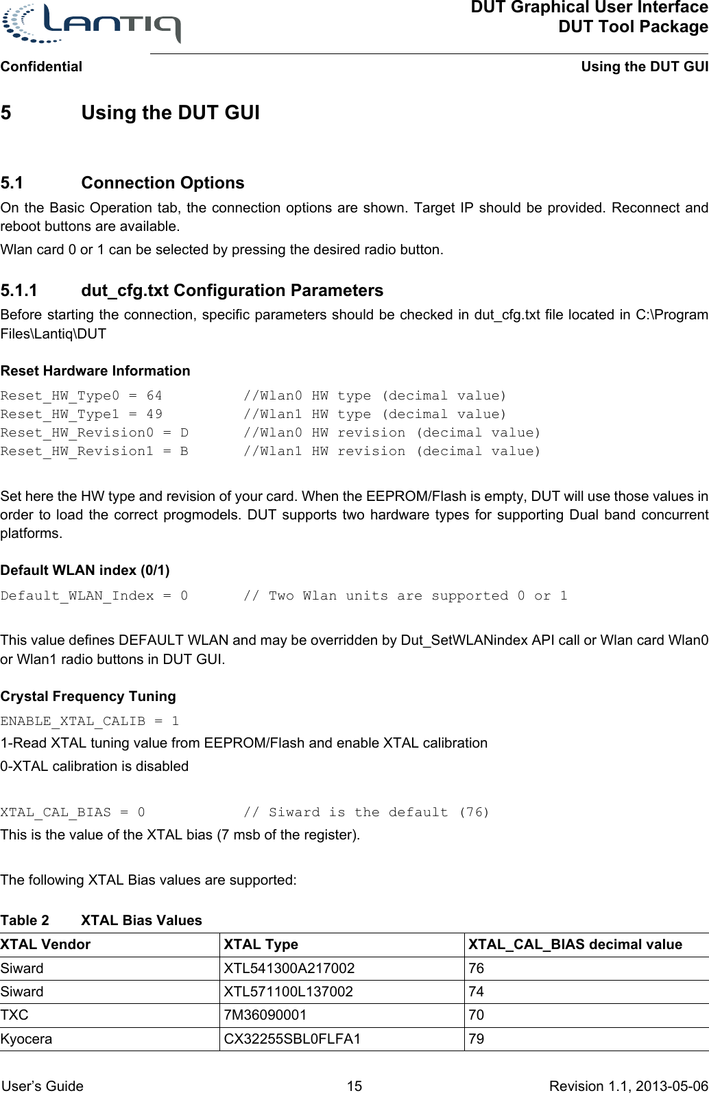 DUT Graphical User InterfaceDUT Tool PackageUsing the DUT GUIConfidential User’s Guide 15 Revision 1.1, 2013-05-06      5 Using the DUT GUI5.1 Connection OptionsOn the Basic Operation tab, the connection options are shown. Target IP should be provided. Reconnect and reboot buttons are available.Wlan card 0 or 1 can be selected by pressing the desired radio button.5.1.1 dut_cfg.txt Configuration ParametersBefore starting the connection, specific parameters should be checked in dut_cfg.txt file located in C:\Program Files\Lantiq\DUTReset Hardware InformationReset_HW_Type0 = 64 //Wlan0 HW type (decimal value)Reset_HW_Type1 = 49  //Wlan1 HW type (decimal value)Reset_HW_Revision0 = D  //Wlan0 HW revision (decimal value)Reset_HW_Revision1 = B  //Wlan1 HW revision (decimal value)Set here the HW type and revision of your card. When the EEPROM/Flash is empty, DUT will use those values in order to load the correct progmodels. DUT supports two hardware types for supporting Dual band concurrent platforms. Default WLAN index (0/1) Default_WLAN_Index = 0   // Two Wlan units are supported 0 or 1This value defines DEFAULT WLAN and may be overridden by Dut_SetWLANindex API call or Wlan card Wlan0 or Wlan1 radio buttons in DUT GUI.Crystal Frequency TuningENABLE_XTAL_CALIB = 11-Read XTAL tuning value from EEPROM/Flash and enable XTAL calibration0-XTAL calibration is disabledXTAL_CAL_BIAS = 0  // Siward is the default (76)This is the value of the XTAL bias (7 msb of the register).The following XTAL Bias values are supported:XTAL Vendor XTAL Type XTAL_CAL_BIAS decimal valueSiward XTL541300A217002 76Siward XTL571100L137002 74TXC 7M36090001 70Kyocera CX32255SBL0FLFA1 79Table 2 XTAL Bias Values 