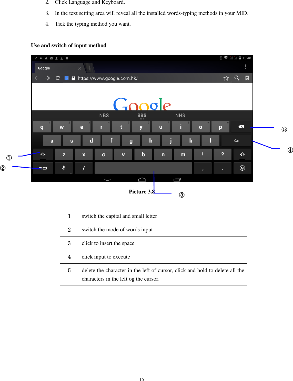      15 2. Click Language and Keyboard. 3. In the text setting area will reveal all the installed words-typing methods in your MID.   4. Tick the typing method you want.  Use and switch of input method  Picture 3.8  1 switch the capital and small letter   2 switch the mode of words input   3 click to insert the space 4 click input to execute 5 delete the character in the left of cursor, click and hold to delete all the characters in the left og the cursor.      ① ② ③3 ⑤ ④ 