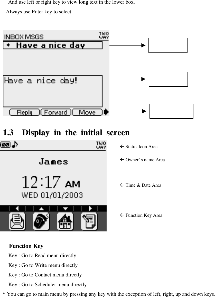 And use left or right key to view long text in the lower box.   - Always use Enter key to select.            1.3 Display in the initial screen ß Status Icon Area ß Owner’s name Area ß Time &amp; Date Area ß Function Key Area   Function Key    Key : Go to Read menu directly    Key : Go to Write menu directly  Key : Go to Contact menu directly    Key : Go to Scheduler menu directly * You can go to main menu by pressing any key with the exception of left, right, up and down keys. Upper Box Lower Box Bottom Menu 