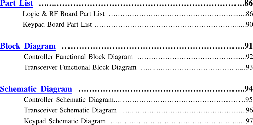  Part List ………………………………………………………………....86 Logic &amp; RF Board Part List ………………………………………………......86 Keypad Board Part List …………………………………………………….....90  Block Diagram ……………………………………………………….....91  Controller Functional Block Diagram ……………………………………......92  Transceiver Functional Block Diagram ………………………………….…...93  Schematic Diagram ………………………………………………….....94  Controller Schematic Diagram.... ………………………………………...… ...95  Transceiver Schematic Diagram . …... …………………………………….......96  Keypad Schematic Diagram ……………………………………………….....97    