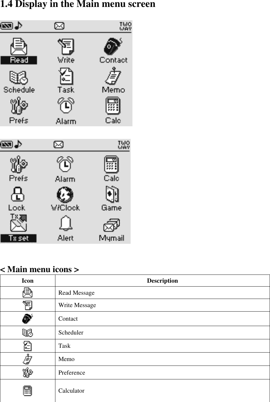 1.4 Display in the Main menu screen              &lt; Main menu icons &gt; Icon Description  Read Message  Write Message  Contact  Scheduler    Task  Memo  Preference  Calculator 