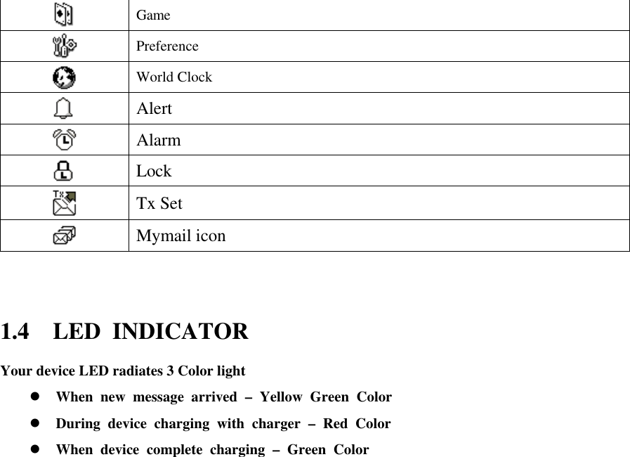  Game  Preference  World Clock  Alert  Alarm  Lock  Tx Set  Mymail icon  1.4 LED INDICATOR Your device LED radiates 3 Color light    l When new message arrived – Yellow Green Color   l During device charging with charger – Red Color   l When device complete charging – Green Color          