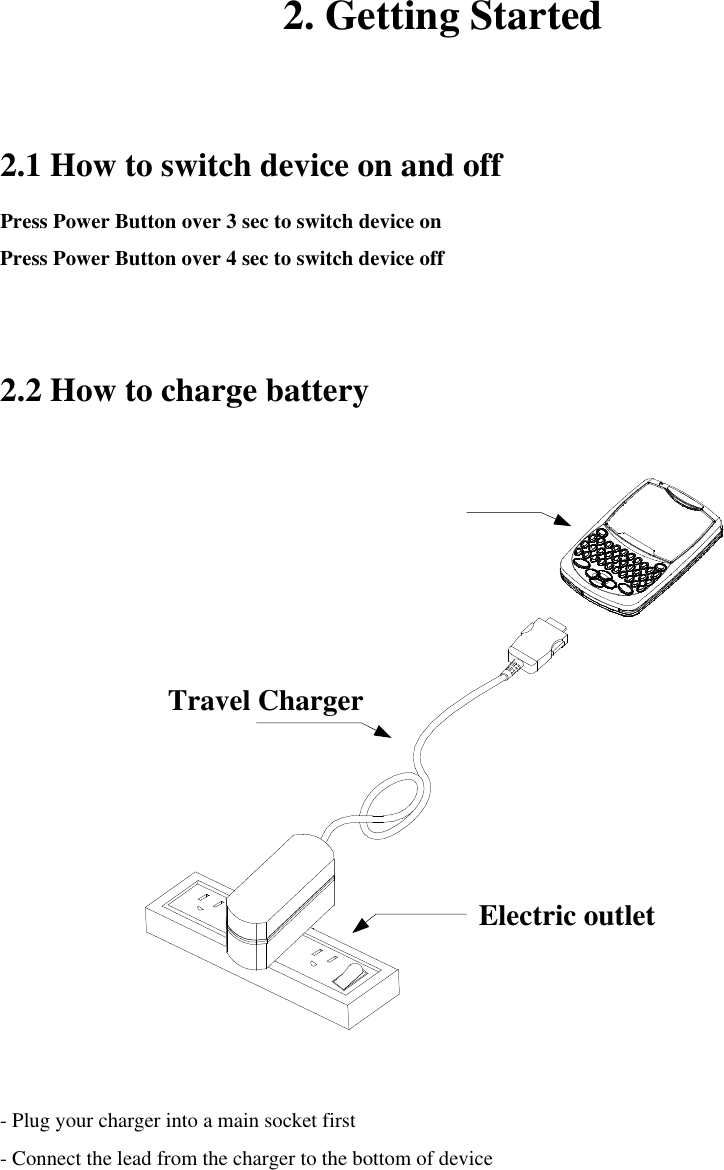 2. Getting Started  2.1 How to switch device on and off Press Power Button over 3 sec to switch device on Press Power Button over 4 sec to switch device off  2.2 How to charge battery Electric outletTravel ChargerHRD-100 Pager - Plug your charger into a main socket first - Connect the lead from the charger to the bottom of device     H200 Pager 