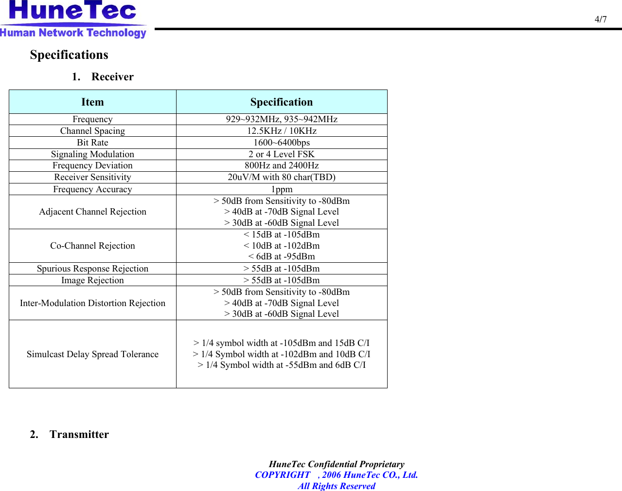                                                                                                   4/7   HuneTec Confidential Proprietary   COPYRIGHT , 2006 HuneTec CO., Ltd. All Rights Reserved  Specifications    1.  Receiver Item  Specification Frequency 929~932MHz, 935~942MHz Channel Spacing  12.5KHz / 10KHz Bit Rate  1600~6400bps Signaling Modulation  2 or 4 Level FSK Frequency Deviation  800Hz and 2400Hz Receiver Sensitivity  20uV/M with 80 char(TBD) Frequency Accuracy  1ppm Adjacent Channel Rejection &gt; 50dB from Sensitivity to -80dBm &gt; 40dB at -70dB Signal Level &gt; 30dB at -60dB Signal Level Co-Channel Rejection &lt; 15dB at -105dBm &lt; 10dB at -102dBm &lt; 6dB at -95dBm Spurious Response Rejection  &gt; 55dB at -105dBm Image Rejection  &gt; 55dB at -105dBm Inter-Modulation Distortion Rejection &gt; 50dB from Sensitivity to -80dBm &gt; 40dB at -70dB Signal Level &gt; 30dB at -60dB Signal Level Simulcast Delay Spread Tolerance &gt; 1/4 symbol width at -105dBm and 15dB C/I &gt; 1/4 Symbol width at -102dBm and 10dB C/I &gt; 1/4 Symbol width at -55dBm and 6dB C/I      2.  Transmitter 