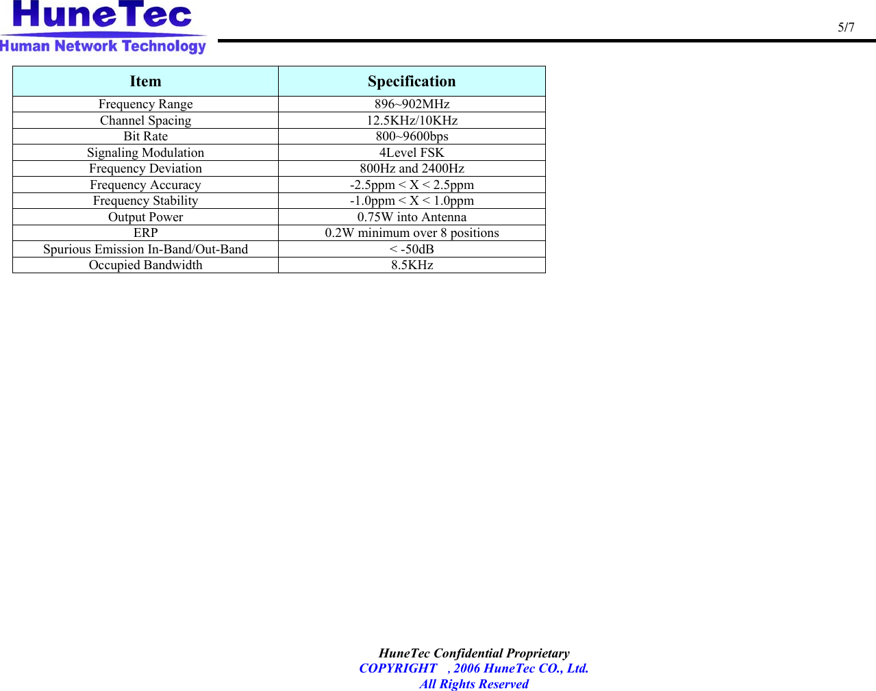                                                                                                   5/7   HuneTec Confidential Proprietary   COPYRIGHT , 2006 HuneTec CO., Ltd. All Rights Reserved  Item  Specification Frequency Range  896~902MHz Channel Spacing  12.5KHz/10KHz Bit Rate  800~9600bps Signaling Modulation  4Level FSK Frequency Deviation  800Hz and 2400Hz Frequency Accuracy  -2.5ppm &lt; X &lt; 2.5ppm Frequency Stability  -1.0ppm &lt; X &lt; 1.0ppm Output Power  0.75W into Antenna ERP  0.2W minimum over 8 positions Spurious Emission In-Band/Out-Band  &lt; -50dB Occupied Bandwidth  8.5KHz 