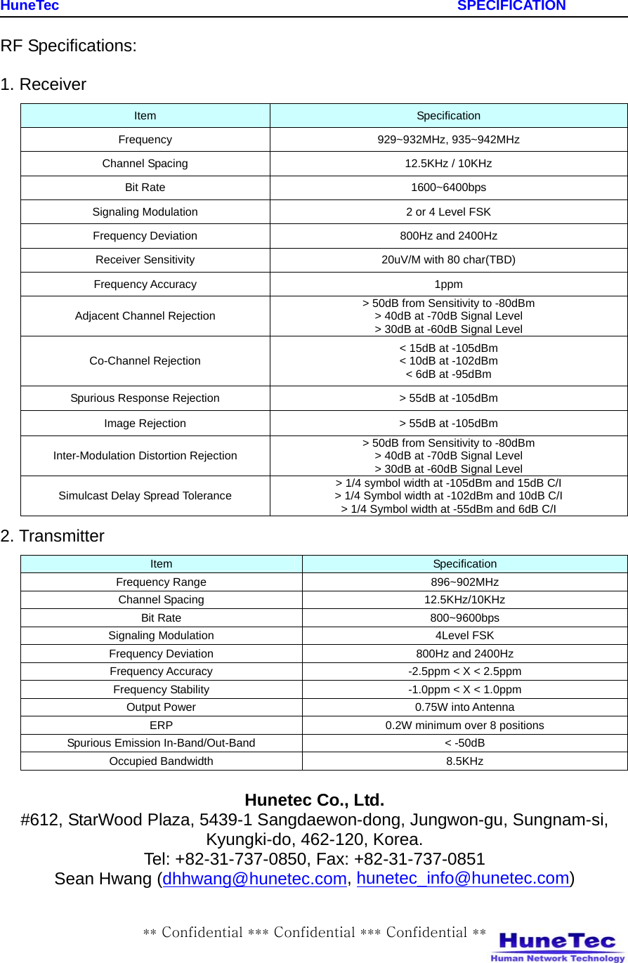    HuneTec                                                         SPECIFICATION ** Confidential *** Confidential *** Confidential ** RF Specifications: 1. Receiver Item  Specification Frequency 929~932MHz, 935~942MHz Channel Spacing  12.5KHz / 10KHz Bit Rate  1600~6400bps Signaling Modulation  2 or 4 Level FSK Frequency Deviation  800Hz and 2400Hz Receiver Sensitivity  20uV/M with 80 char(TBD) Frequency Accuracy  1ppm Adjacent Channel Rejection  &gt; 50dB from Sensitivity to -80dBm &gt; 40dB at -70dB Signal Level &gt; 30dB at -60dB Signal Level Co-Channel Rejection  &lt; 15dB at -105dBm &lt; 10dB at -102dBm &lt; 6dB at -95dBm Spurious Response Rejection  &gt; 55dB at -105dBm Image Rejection  &gt; 55dB at -105dBm Inter-Modulation Distortion Rejection  &gt; 50dB from Sensitivity to -80dBm &gt; 40dB at -70dB Signal Level &gt; 30dB at -60dB Signal Level Simulcast Delay Spread Tolerance  &gt; 1/4 symbol width at -105dBm and 15dB C/I &gt; 1/4 Symbol width at -102dBm and 10dB C/I &gt; 1/4 Symbol width at -55dBm and 6dB C/I 2. Transmitter Item  Specification Frequency Range  896~902MHz Channel Spacing  12.5KHz/10KHz Bit Rate  800~9600bps Signaling Modulation  4Level FSK Frequency Deviation  800Hz and 2400Hz Frequency Accuracy  -2.5ppm &lt; X &lt; 2.5ppm Frequency Stability  -1.0ppm &lt; X &lt; 1.0ppm Output Power  0.75W into Antenna ERP  0.2W minimum over 8 positions Spurious Emission In-Band/Out-Band  &lt; -50dB Occupied Bandwidth  8.5KHz  Hunetec Co., Ltd. #612, StarWood Plaza, 5439-1 Sangdaewon-dong, Jungwon-gu, Sungnam-si, Kyungki-do, 462-120, Korea.   Tel: +82-31-737-0850, Fax: +82-31-737-0851 Sean Hwang (dhhwang@hunetec.com, hunetec_info@hunetec.com) 