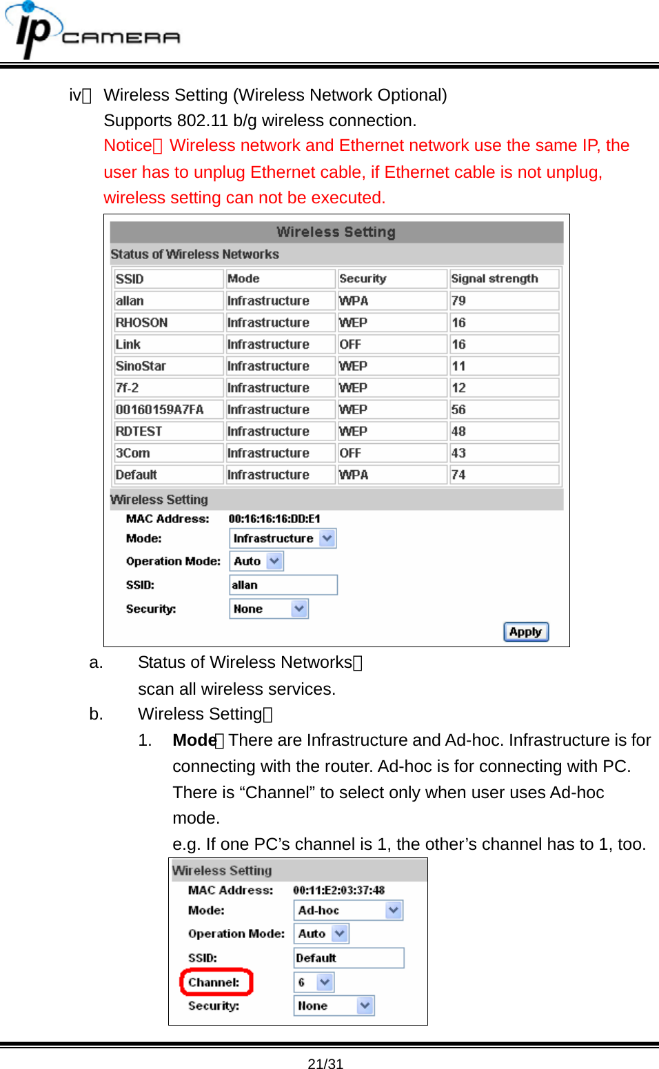                                       21/31 iv、 Wireless Setting (Wireless Network Optional) Supports 802.11 b/g wireless connection.  Notice：Wireless network and Ethernet network use the same IP, the user has to unplug Ethernet cable, if Ethernet cable is not unplug, wireless setting can not be executed.  a.  Status of Wireless Networks； scan all wireless services. b. Wireless Setting： 1.  Mode：There are Infrastructure and Ad-hoc. Infrastructure is for connecting with the router. Ad-hoc is for connecting with PC. There is &ldquo;Channel&rdquo; to select only when user uses Ad-hoc mode.  e.g. If one PC&rsquo;s channel is 1, the other&rsquo;s channel has to 1, too.  