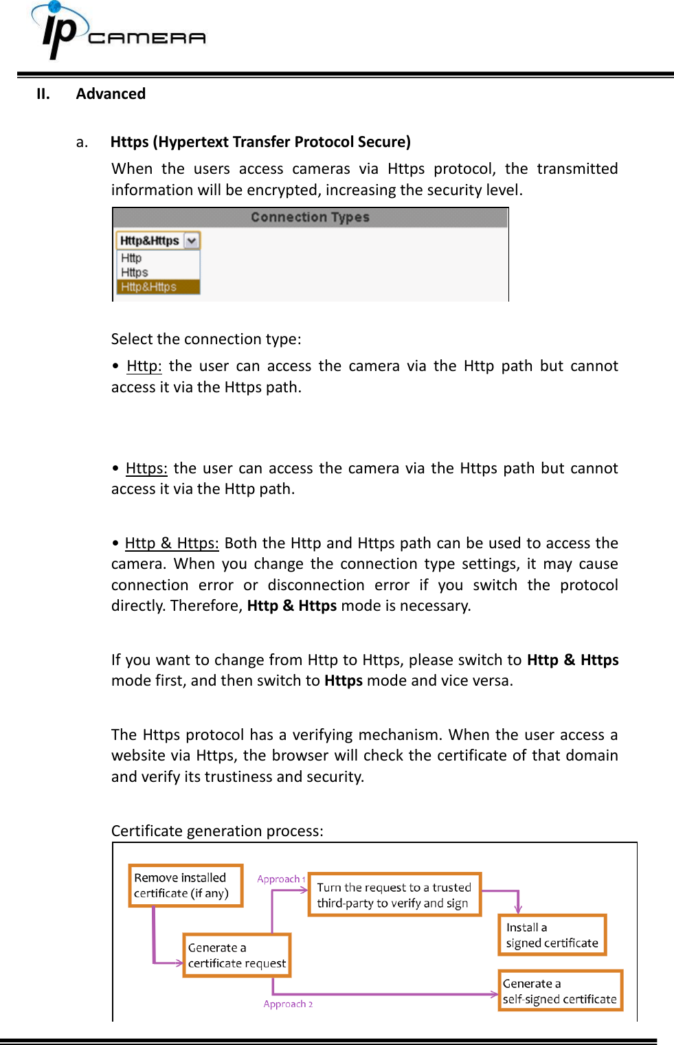     II. Advanced  a. Https (Hypertext Transfer Protocol Secure) When  the  users  access  cameras  via  Https  protocol,  the  transmitted information will be encrypted, increasing the security level.   Select the connection type: &bull;  Http:  the  user  can  access  the  camera  via  the  Http  path  but  cannot access it via the Https path.   &bull;  Https: the user can  access the camera via the  Https path but  cannot access it via the Http path.  &bull; Http &amp; Https: Both the Http and Https path can be used to access the camera.  When  you  change  the  connection  type  settings,  it  may  cause connection  error  or  disconnection  error  if  you  switch  the  protocol directly. Therefore, Http &amp; Https mode is necessary.   If you want to change from Http to Https, please switch to Http &amp; Https mode first, and then switch to Https mode and vice versa.  The Https protocol has a verifying mechanism. When the user access  a website via Https, the browser will check the certificate of that domain and verify its trustiness and security.  Certificate generation process:   