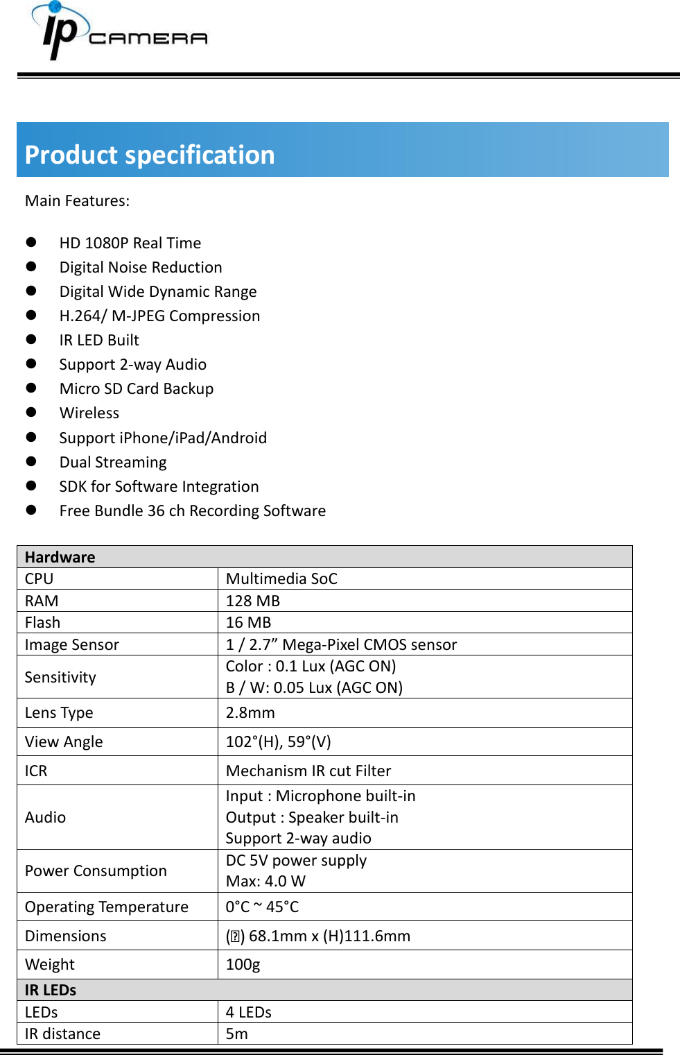      Product specification Main Features:   HD 1080P Real Time  Digital Noise Reduction  Digital Wide Dynamic Range  H.264/ M-JPEG Compression  IR LED Built   Support 2-way Audio  Micro SD Card Backup  Wireless  Support iPhone/iPad/Android  Dual Streaming  SDK for Software Integration  Free Bundle 36 ch Recording Software  Hardware CPU Multimedia SoC RAM 128 MB Flash 16 MB Image Sensor 1 / 2.7&rdquo; Mega-Pixel CMOS sensor Sensitivity Color : 0.1 Lux (AGC ON) B / W: 0.05 Lux (AGC ON) Lens Type 2.8mm View Angle 102&deg;( H), 59&deg;( V) ICR Mechanism IR cut Filter Audio Input : Microphone built-in Output : Speaker built-in Support 2-way audio Power Consumption DC 5V power supply Max: 4.0 W Operating Temperature 0&deg;C ~ 45&deg;C Dimensions 68.1mm x (H)111.6mm Weight 100g IR LEDs LEDs 4 LEDs  IR distance 5m 