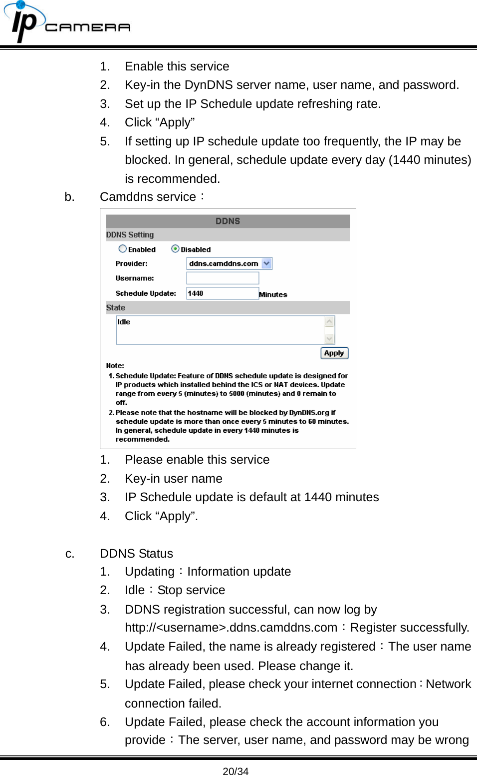                                       20/34 1.  Enable this service 2.  Key-in the DynDNS server name, user name, and password. 3.  Set up the IP Schedule update refreshing rate. 4. Click &ldquo;Apply&rdquo; 5.  If setting up IP schedule update too frequently, the IP may be blocked. In general, schedule update every day (1440 minutes) is recommended. b. Camddns service：  1.  Please enable this service 2.  Key-in user name 3.  IP Schedule update is default at 1440 minutes 4. Click &ldquo;Apply&rdquo;.  c. DDNS Status 1. Updating：Information update 2. Idle：Stop service 3.  DDNS registration successful, can now log by http://<username>.ddns.camddns.com：Register successfully.   4.  Update Failed, the name is already registered：The user name has already been used. Please change it. 5.  Update Failed, please check your internet connection：Network connection failed. 6.  Update Failed, please check the account information you provide：The server, user name, and password may be wrong 