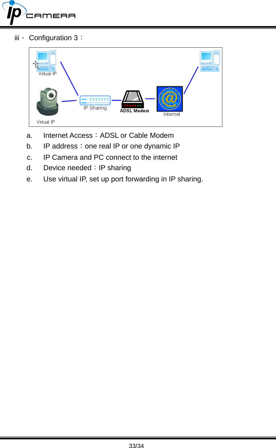                                       33/34 iii、 Configuration 3：  a. Internet Access：ADSL or Cable Modem b. IP address：one real IP or one dynamic IP c.  IP Camera and PC connect to the internet d. Device needed：IP sharing e.  Use virtual IP, set up port forwarding in IP sharing. 