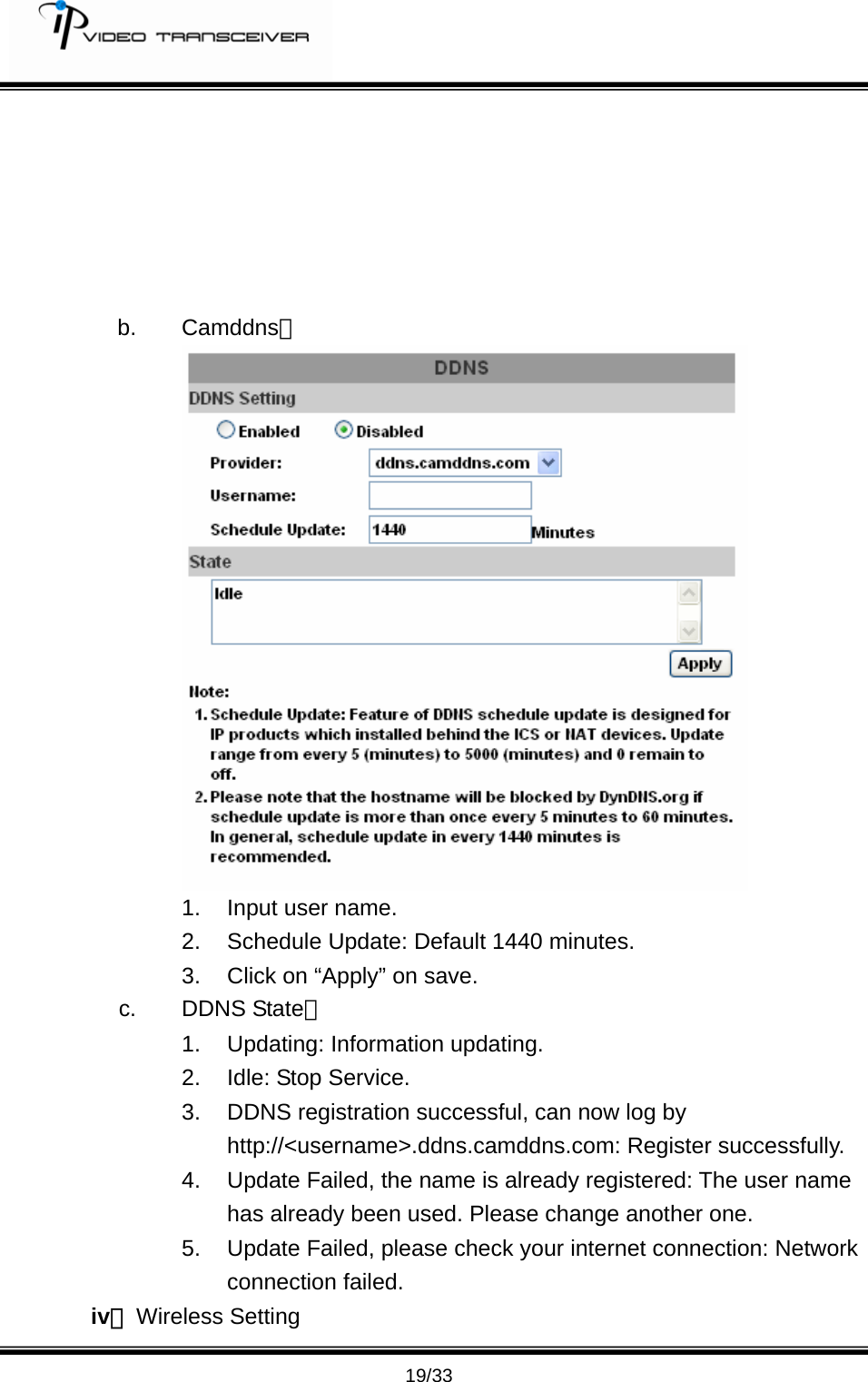         19/33       b. Camddns：  1. Input user name.  2. Schedule Update: Default 1440 minutes. 3.  Click on &ldquo;Apply&rdquo; on save. c. DDNS State： 1. Updating: Information updating. 2.  Idle: Stop Service. 3.  DDNS registration successful, can now log by http://<username>.ddns.camddns.com: Register successfully.   4.  Update Failed, the name is already registered: The user name has already been used. Please change another one. 5.  Update Failed, please check your internet connection: Network connection failed. iv、 Wireless Setting   