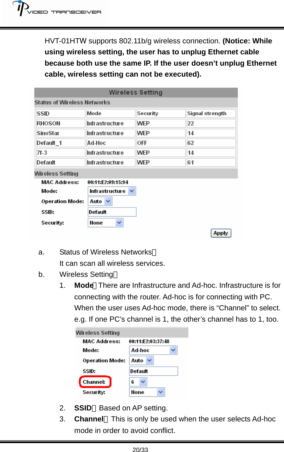         20/33 HVT-01HTW supports 802.11b/g wireless connection. (Notice: While using wireless setting, the user has to unplug Ethernet cable because both use the same IP. If the user doesn&rsquo;t unplug Ethernet cable, wireless setting can not be executed).    a.  Status of Wireless Networks； It can scan all wireless services. b. Wireless Setting： 1.  Mode：There are Infrastructure and Ad-hoc. Infrastructure is for connecting with the router. Ad-hoc is for connecting with PC. When the user uses Ad-hoc mode, there is &ldquo;Channel&rdquo; to select.   e.g. If one PC&rsquo;s channel is 1, the other&rsquo;s channel has to 1, too.  2.  SSID：Based on AP setting. 3.  Channel：This is only be used when the user selects Ad-hoc mode in order to avoid conflict.   