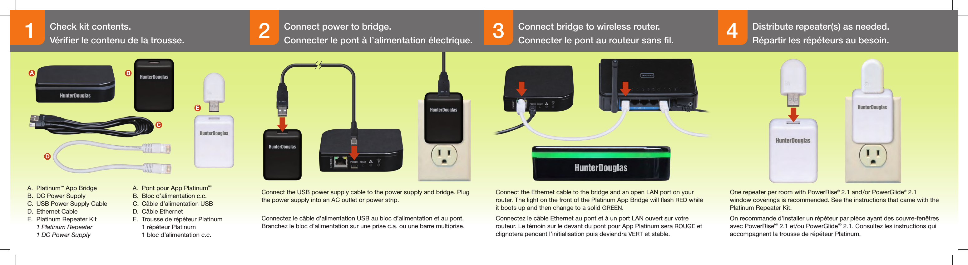 1234Connect power to bridge.Connecter le pont à l’alimentation électrique.Check kit contents.Vériﬁer le contenu de la trousse.Connect bridge to wireless router.Connecter le pont au routeur sans ﬁl.Distribute repeater(s) as needed.Répartir les répéteurs au besoin.A. Platinum™ App BridgeB.  DC Power SupplyC.  USB Power Supply CableD.  Ethernet CableE.  Platinum Repeater Kit 1 Platinum Repeater  1 DC Power SupplyConnect the USB power supply cable to the power supply and bridge. Plug the power supply into an AC outlet or power strip.Connectez le câble d’alimentation USB au bloc d’alimentation et au pont. Branchez le bloc d’alimentation sur une prise c.a. ou une barre multiprise.Connect the Ethernet cable to the bridge and an open LAN port on your router. The light on the front of the Platinum App Bridge will ash RED while it boots up and then change to a solid GREEN.Connectez le câble Ethernet au pont et à un port LAN ouvert sur votre routeur. Le témoin sur le devant du pont pour App Platinum sera ROUGE et clignotera pendant l’initialisation puis deviendra VERT et stable.One repeater per room with PowerRise® 2.1 and/or PowerGlide® 2.1 window coverings is recommended. See the instructions that came with the Platinum Repeater Kit.On recommande d’installer un répéteur par pièce ayant des couvre-fenêtres avec PowerRiseMD 2.1 et/ou PowerGlideMD 2.1. Consultez les instructions qui accompagnent la trousse de répéteur Platinum.A.  Pont pour App PlatinumMCB.  Bloc d’alimentation c.c.C.  Câble d’alimentation USB D.  Câble EthernetE.  Trousse de répéteur Platinum   1 répéteur Platinum  1 bloc d’alimentation c.c.ABEC DABEC DABECDABEC DABEC D