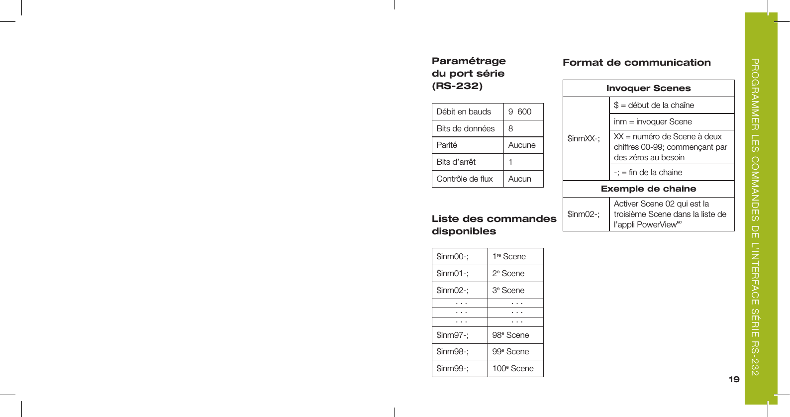 19Paramétrage  du port série  (RS-232)Débit en bauds  9  600Bits de données 8Parité AucuneBits d’arrêt 1Contrôle de ﬂux AucunListe des commandes  disponibles$inm00-; 1re Scene$inm01-; 2e Scene$inm02-; 3e Scene. . . . . .. . . . . .. . . . . .$inm97-; 98e Scene$inm98-; 99e Scene$inm99-; 100e SceneFormat de communicationInvoquer Scenes$inmXX-;$ = début de la chaîneinm = invoquer SceneXX = numéro de Scene à deux chiffres 00-99; commençant par des zéros au besoin -; = ﬁn de la chaineExemple de chaine$inm02-;Activer Scene 02 qui est la troisième Scene dans la liste de l’appli PowerViewMCPROGRAMMER LES COMMANDES DE L’INTERFACE SÉRIE RS-232 