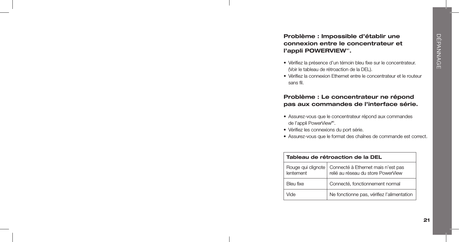 21Tableau de rétroaction de la DELRouge qui clignote lentementConnecté à Ethernet mais n’est pas  relié au réseau du store PowerViewBleu ﬁxe  Connecté, fonctionnement normalVide Ne fonctionne pas, vériﬁez l’alimentationProblème : Impossible d’établir une  connexion entre le concentrateur et  l’appli POWERVIEWMC. •   Vériﬁez la présence d’un témoin bleu ﬁxe sur le concentrateur.  (Voir le tableau de rétroaction de la DEL).•   Vériﬁez la connexion Ethernet entre le concentrateur et le routeur sans ﬁl.Problème : Le concentrateur ne répond  pas aux commandes de l’interface série. •   Assurez-vous que le concentrateur répond aux commandes  de l’appli PowerViewMC.•  Vériﬁez les connexions du port série.•  Assurez-vous que le format des chaînes de commande est correct.DÉPANNAGE