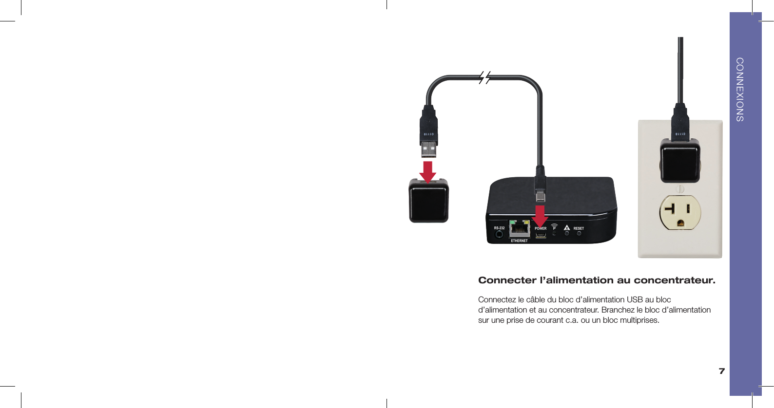 7Connecter l’alimentation au concentrateur. Connectez le câble du bloc d’alimentation USB au bloc  d’alimentation et au concentrateur. Branchez le bloc d’alimentation sur une prise de courant c.a. ou un bloc multiprises.CONNEXIONS