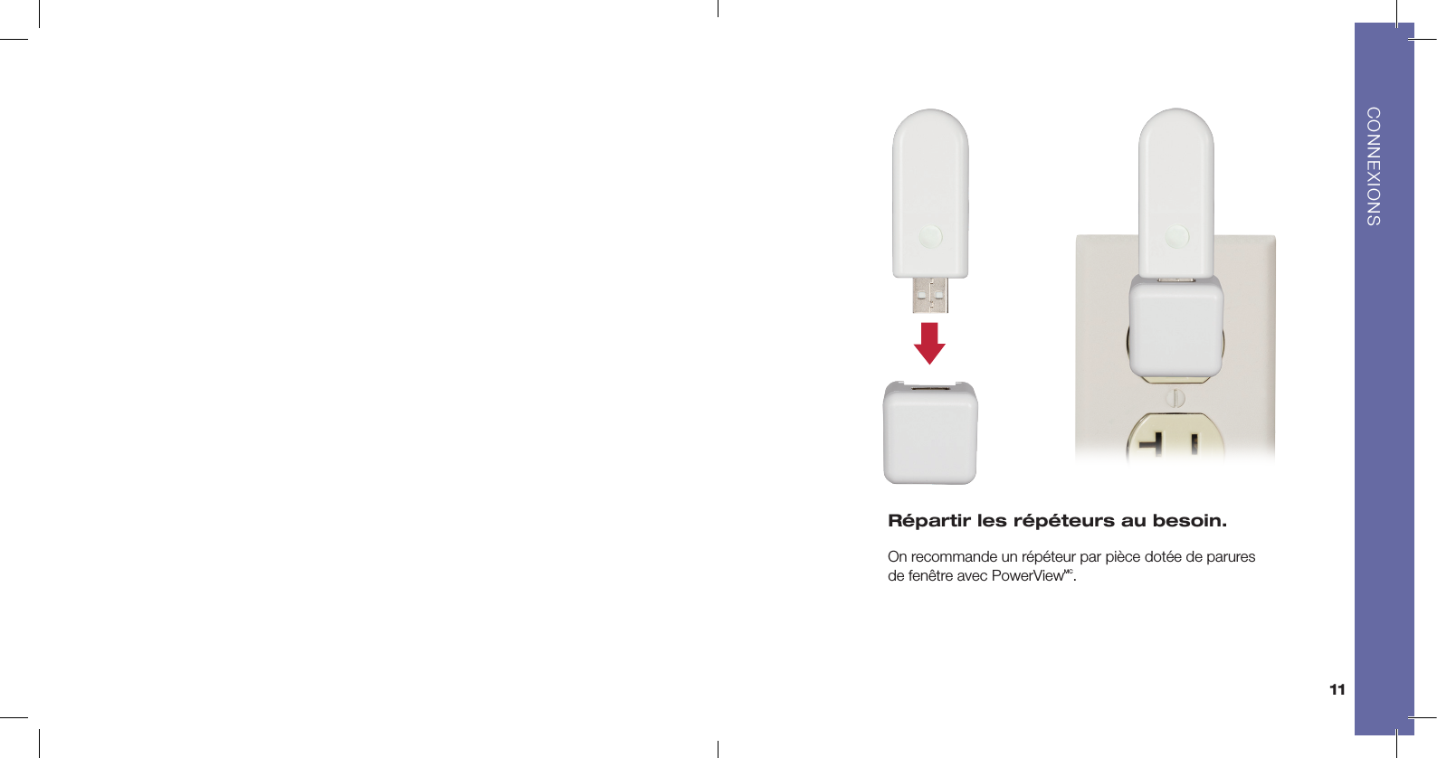 11Répartir les répéteurs au besoin. On recommande un répéteur par pièce dotée de parures  de fenêtre avec PowerViewMC. CONNEXIONS