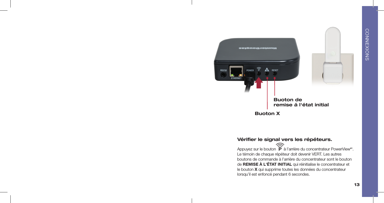 Vériﬁer le signal vers les répéteurs. Appuyez sur le bouton       à l’arrière du concentrateur PowerViewMC.  Le témoin de chaque répéteur doit devenir VERT. Les autres boutons de commande à l’arrière du concentrateur sont le bouton de REMISE À L&apos;ÉTAT INITIAL qui réinitialise le concentrateur et le bouton X qui supprime toutes les données du concentrateur lorsqu’il est enfoncé pendant 6 secondes.P13Buoton de remise á l&apos;état initialBuoton XCONNEXIONS