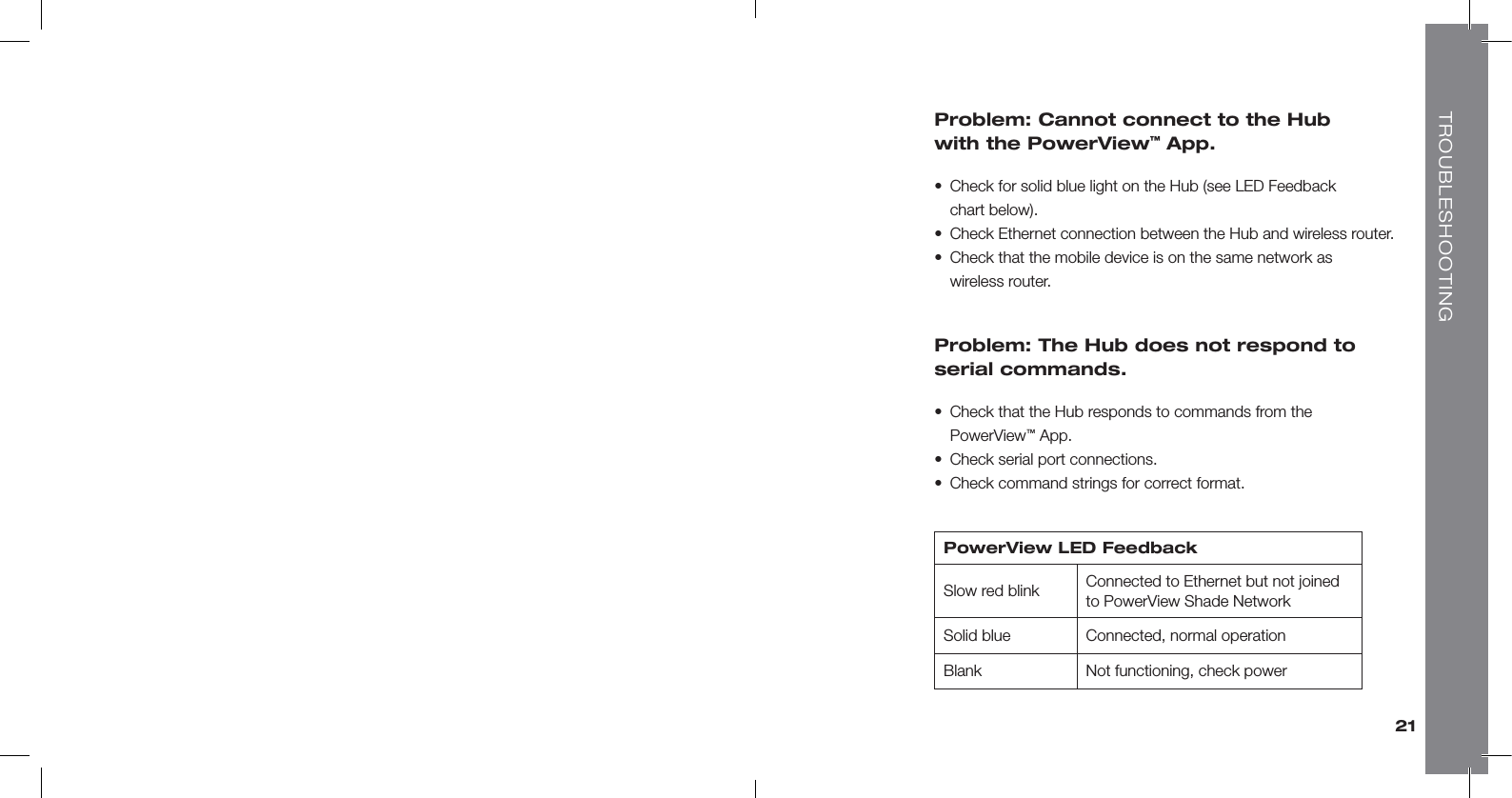 21PowerView LED FeedbackSlow red blink Connected to Ethernet but not joined  to PowerView Shade NetworkSolid blue Connected, normal operationBlank Not functioning, check powerProblem: Cannot connect to the Hub  with the PowerView™ App. •   Check for solid blue light on the Hub  (see LED Feedback  chart below).•  Check Ethernet connection between  the Hub and wireless router. •   Check that the mobile device is on the same network as  wireless router.Problem: The Hub does not respond to  serial commands. •   Check that the Hub responds to commands from the  PowerView™ App.•  Check serial port connections. •  Check command strings for correct format.TROUBLESHOOTING