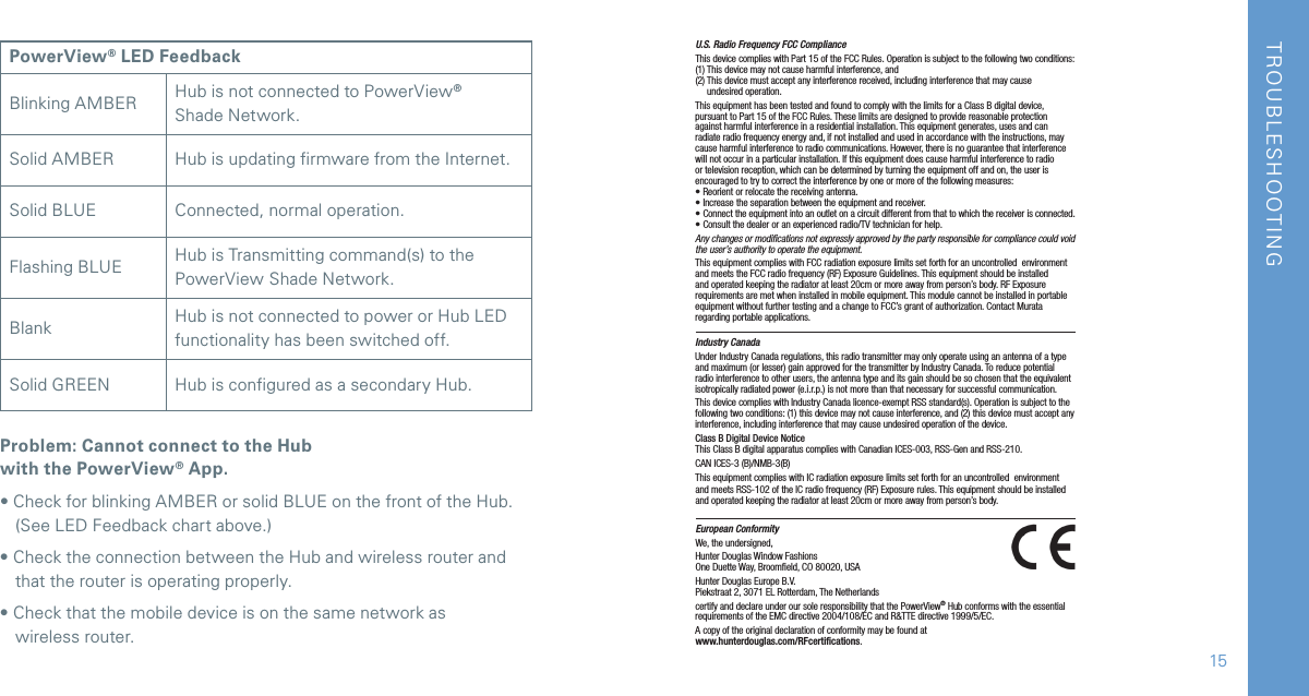 PowerView® LED FeedbackBlinking AMBER Hub is not connected to PowerView® Shade Network.Solid AMBER Hub is updating firmware from the Internet.Solid BLUE Connected, normal operation.Flashing BLUE Hub is Transmitting command(s) to the PowerView Shade Network.Blank Hub is not connected to power or Hub LED functionality has been switched off.Solid GREEN Hub is configured as a secondary Hub.Problem: Cannot connect to the Hub  with the PowerView® App. • Check for blinking AMBER or solid BLUE on the front of the Hub. (See LED Feedback chart above.)• Check the connection between the Hub and wireless router and that the router is operating properly. • Check that the mobile device is on the same network as wireless router.U.S. Radio Frequency FCC ComplianceThis device complies with Part 15 of the FCC Rules. Operation is subject to the following two conditions:  (1) This device may not cause harmful interference, and  (2)  This device must accept any interference received, including interference that may cause  undesired operation.This equipment has been tested and found to comply with the limits for a Class B digital device, pursuant to Part 15 of the FCC Rules. These limits are designed to provide reasonable protection against harmful interference in a residential installation. This equipment generates, uses and can radiate radio frequency energy and, if not installed and used in accordance with the instructions, may cause harmful interference to radio communications. However, there is no guarantee that interference will not occur in a particular installation. If this equipment does cause harmful interference to radio or television reception, which can be determined by turning the equipment off and on, the user is encouraged to try to correct the interference by one or more of the following measures:• Reorient or relocate the receiving antenna.• Increase the separation between the equipment and receiver.•  Connect the equipment into an outlet on a circuit different from that to which the receiver is connected.• Consult the dealer or an experienced radio/TV technician for help.Any changes or modiﬁcations not expressly approved by the party responsible for compliance could void the user’s authority to operate the equipment.This equipment complies with FCC radiation exposure limits set forth for an uncontrolled  environment  and meets the FCC radio frequency (RF) Exposure Guidelines. This equipment should be installed and operated keeping the radiator at least 20cm or more away from person’s body. RF Exposure requirements are met when installed in mobile equipment. This module cannot be installed in portable equipment without further testing and a change to FCC’s grant of authorization. Contact Murata regarding portable applications.Industry CanadaUnder Industry Canada regulations, this radio transmitter may only operate using an antenna of a type and maximum (or lesser) gain approved for the transmitter by Industry Canada. To reduce potential radio interference to other users, the antenna type and its gain should be so chosen that the equivalent isotropically radiated power (e.i.r.p.) is not more than that necessary for successful communication.This device complies with Industry Canada licence-exempt RSS standard(s). Operation is subject to the following two conditions: (1) this device may not cause interference, and (2) this device must accept any interference, including interference that may cause undesired operation of the device.Class B Digital Device Notice  This Class B digital apparatus complies with Canadian ICES-003, RSS-Gen and RSS-210.CAN ICES-3 (B)/NMB-3(B)This equipment complies with IC radiation exposure limits set forth for an uncontrolled  environment   and meets RSS-102 of the IC radio frequency (RF) Exposure rules. This equipment should be installed and operated keeping the radiator at least 20cm or more away from person’s body.European ConformityWe, the undersigned,Hunter Douglas Window Fashions One Duette Way, Broomﬁeld, CO 80020, USAHunter Douglas Europe B.V. Piekstraat 2, 3071 EL Rotterdam, The Netherlandscertify and declare under our sole responsibility that the PowerView® Hub conforms with the essential requirements of the EMC directive 2004/108/EC and R&amp;TTE directive 1999/5/EC.A copy of the original declaration of conformity may be found at www.hunterdouglas.com/RFcertiﬁcations.TROUBLESHOOTING15
