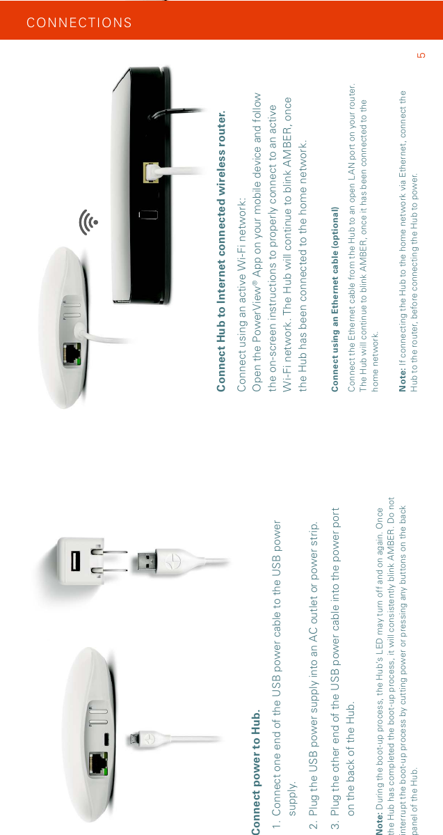 Connect Hub to Internet connected wireless router.Connect using an active Wi-Fi network: Open the PowerView® App on your mobile device and follow the on-screen instructions to properly connect to an active  Wi-Fi network. The Hub will continue to blink AMBER, once the Hub has been connected to the home network. Connect using an Ethernet cable (optional)Connect the Ethernet cable from the Hub to an open LAN port on your router. The Hub will continue to blink AMBER, once it has been connected to the home network.Connect power to Hub. 1.  Connect one end of the USB power cable to the USB power supply.2. Plug the USB power supply into an AC outlet or power strip.3. Plug the other end of the USB power cable into the power port on the back of the Hub.Note: During the boot-up process, the Hub’s LED may turn off and on again. Once the Hub has completed the boot-up process, it will consistently blink AMBER. Do not interrupt the boot-up process by cutting power or pressing any buttons on the back panel of the Hub. 5Note: If connecting the Hub to the home network via Ethernet, connect the Hub to the router, before connecting the Hub to power.CON NEC TIO NS