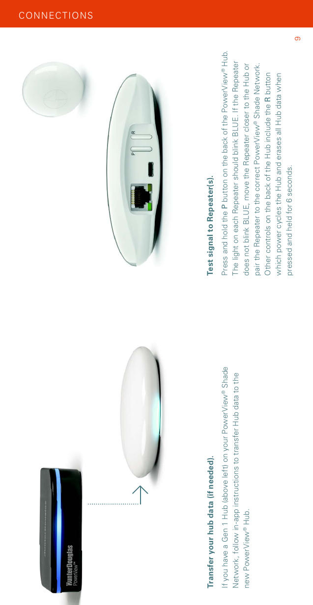 Transfer your hub data (if needed).If you have a Gen 1 Hub (above left) on your PowerView® Shade Network, follow in-app instructions to transfer Hub data to the new PowerView® Hub.9CON NEC TIO NSTest signal to Repeater(s). Press and hold the P button on the back of the PowerView® Hub. The light on each Repeater should blink BLUE. If the Repeater does not blink BLUE, move the Repeater closer to the Hub or pair the Repeater to the correct PowerView® Shade Network. Other controls on the back of the Hub include the R button which power cycles the Hub and erases all Hub data when pressed and held for 6 seconds.