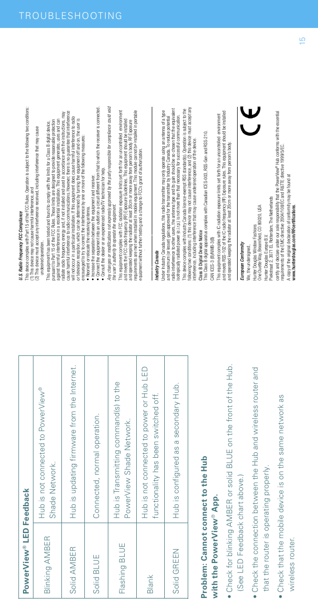 PowerView® LED FeedbackBlinking AMBER Hub is not connected to PowerView® Shade Network.Solid AMBER Hub is updating firmware from the Internet.Solid BLUE Connected, normal operation.Flashing BLUE Hub is Transmitting command(s) to the PowerView Shade Network.Blank Hub is not connected to power or Hub LED functionality has been switched off.Solid GREEN Hub is configured as a secondary Hub.Problem: Cannot connect to the Hub  with the PowerView® App. • Check for blinking AMBER or solid BLUE on the front of the Hub. (See LED Feedback chart above.)• Check the connection between the Hub and wireless router and that the router is operating properly. • Check that the mobile device is on the same network as wireless router.U.S. Radio Frequency FCC ComplianceThis device complies with Part 15 of the FCC Rules. Operation is subject to the following two conditions:  (1) This device may not cause harmful interference, and  (2)  This device must accept any interference received, including interference that may cause  undesired operation.This equipment has been tested and found to comply with the limits for a Class B digital device, pursuant to Part 15 of the FCC Rules. These limits are designed to provide reasonable protection against harmful interference in a residential installation. This equipment generates, uses and can radiate radio frequency energy and, if not installed and used in accordance with the instructions, may cause harmful interference to radio communications. However, there is no guarantee that interference will not occur in a particular installation. If this equipment does cause harmful interference to radio or television reception, which can be determined by turning the equipment off and on, the user is encouraged to try to correct the interference by one or more of the following measures:• Reorient or relocate the receiving antenna.• Increase the separation between the equipment and receiver.•  Connect the equipment into an outlet on a circuit different from that to which the receiver is connected.• Consult the dealer or an experienced radio/TV technician for help.Any changes or modiﬁcations not expressly approved by the party responsible for compliance could void the user’s authority to operate the equipment.This equipment complies with FCC radiation exposure limits set forth for an uncontrolled  environment  and meets the FCC radio frequency (RF) Exposure Guidelines. This equipment should be installed and operated keeping the radiator at least 20cm or more away from person’s body. RF Exposure requirements are met when installed in mobile equipment. This module cannot be installed in portable equipment without further testing and a change to FCC’s grant of authorization. Contact Murata regarding portable applications.Industry CanadaUnder Industry Canada regulations, this radio transmitter may only operate using an antenna of a type and maximum (or lesser) gain approved for the transmitter by Industry Canada. To reduce potential radio interference to other users, the antenna type and its gain should be so chosen that the equivalent isotropically radiated power (e.i.r.p.) is not more than that necessary for successful communication.This device complies with Industry Canada licence-exempt RSS standard(s). Operation is subject to the following two conditions: (1) this device may not cause interference, and (2) this device must accept any interference, including interference that may cause undesired operation of the device.Class B Digital Device Notice   This Class B digital apparatus complies with Canadian ICES-003, RSS-Gen and RSS-210.CAN ICES-3 (B)/NMB-3(B)This equipment complies with IC radiation exposure limits set forth for an uncontrolled  environment   and meets RSS-102 of the IC radio frequency (RF) Exposure rules. This equipment should be installed and operated keeping the radiator at least 20cm or more away from person’s body.European ConformityWe, the undersigned,Hunter Douglas Window Fashions One Duette Way, Broomﬁeld, CO 80020, USAHunter Douglas Europe B.V. Piekstraat 2, 3071 EL Rotterdam, The Netherlandscertify and declare under our sole responsibility that the PowerView® Hub conforms with the essential requirements of the EMC directive 2004/108/EC and R&amp;TTE directive 1999/5/EC.A copy of the original declaration of conformity may be found at www.hunterdouglas.com/RFcertiﬁcations.TROUBLES HOOTING15