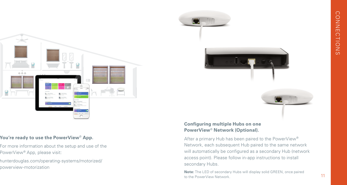 You’re ready to use the PowerView® App.For more information about the setup and use of the PowerView® App, please visit: hunterdouglas.com/operating-systems/motorized/ powerview-motorizationCONNECTIONSConfiguring multiple Hubs on one PowerView® Network (Optional).After a primary Hub has been paired to the PowerView® Network, each subsequent Hub paired to the same network will automatically be configured as a secondary Hub (network access point). Please follow in-app instructions to install secondary Hubs.Note: The LED of secondary Hubs will display solid GREEN, once paired  to the PowerView Network. 11