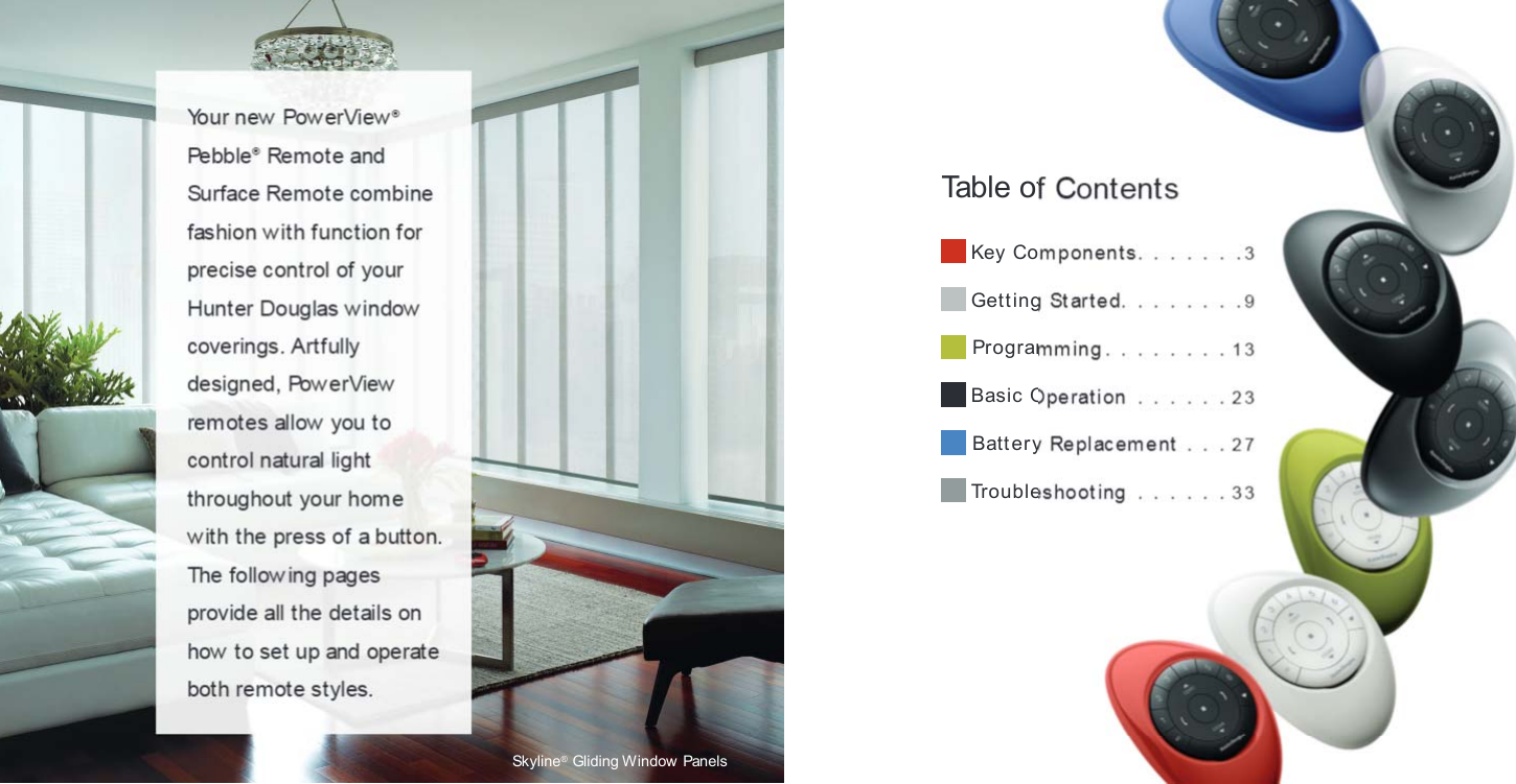                                                                              Table of Contents Key Components . . . . . . . 3 Getting St arted.  .  .  .  .  .  .  . 9 Programm ing . . . . . . . . 13 Basic Operat ion  . . . . . . 23 Batt ery Replacem ent  .  .  . 27 Troubleshooting  . . . . . . 33Skyline® Gliding Window  Panels