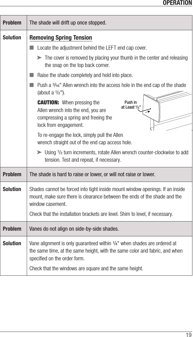 OPERATION19Problem The shade will drift up once stopped.Solution Removing Spring Tension ■Locate the adjustment behind the LEFT end cap cover.  ➤The cover is removed by placing your thumb in the center and releasing the snap on the top back corner.  ■Raise the shade completely and hold into place. ■Push a 3/16&quot; Allen wrench into the access hole in the end cap of the shade (about a 1/2&quot;). CAUTION:  When pressing the  Allen wrench into the end, you are  compressing a spring and freeing the  lock from engagement.To re-engage the lock, simply pull the Allen wrench straight out of the end cap access hole.  ➤Using 1/2 turn increments, rotate Allen wrench counter-clockwise to add tension. Test and repeat, if necessary.Problem The shade is hard to raise or lower, or will not raise or lower.Solution Shades cannot be forced into tight inside mount window openings. If an inside mount, make sure there is clearance between the ends of the shade and the window casement.Check that the installation brackets are level. Shim to level, if necessary.Problem Vanes do not align on side-by-side shades. Solution Vane alignment is only guaranteed within 1/4&quot; when shades are ordered at the same time, at the same height, with the same color and fabric, and when speciﬁed on the order form.Check that the windows are square and the sameheight. Push in at Least 1/2&quot;