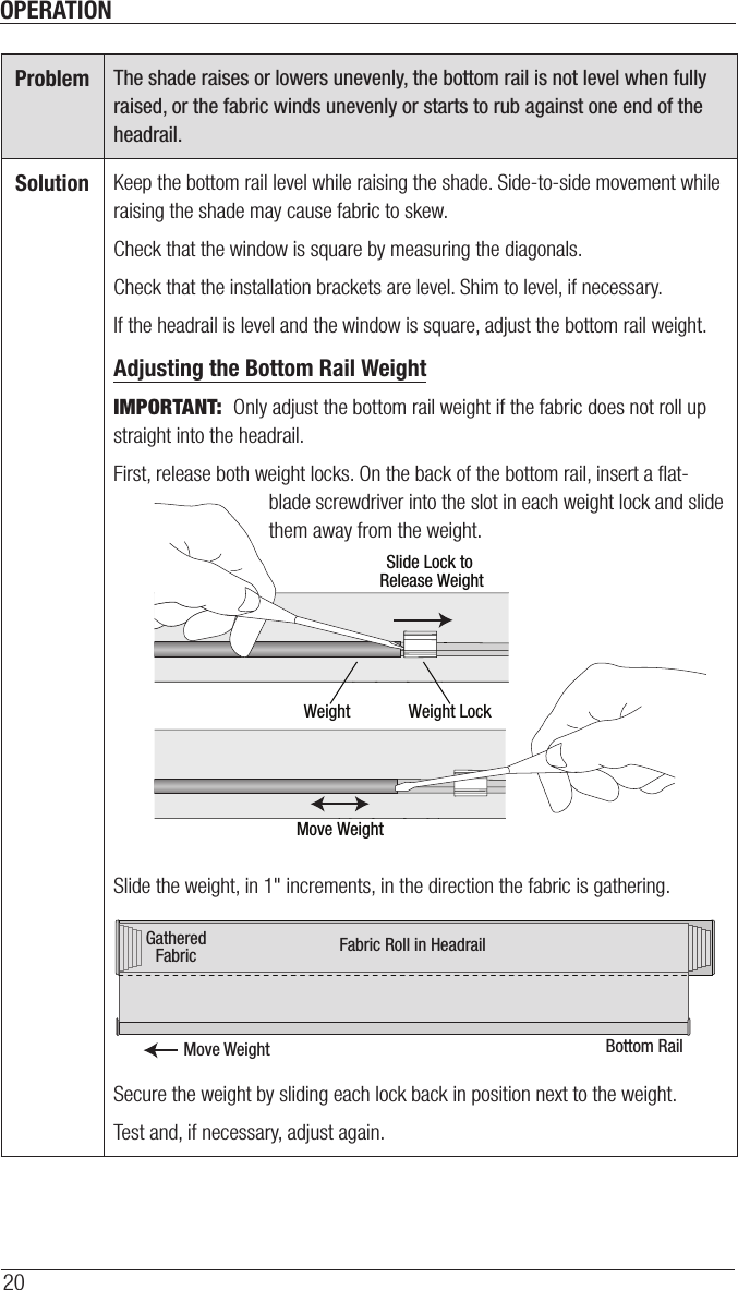 OPERATION20Problem The shade raises or lowers unevenly, the bottom rail is not level when fully raised, or the fabric winds unevenly or starts to rub against one end of the headrail.Solution Keep the bottom rail level while raising the shade. Side-to-side movement while raising the shade may cause fabric to skew. Check that the window is square by measuring the diagonals.Check that the installation brackets are level. Shim to level, if necessary.If the headrail is level and the window is square, adjust the bottom rail weight.Adjusting the Bottom Rail WeightIMPORTANT:  Only adjust the bottom rail weight if the fabric does not roll up straight into theheadrail.First, release both weight locks. On the back of the bottom rail, insert a ﬂat- blade screwdriver into the slot in each weight lock and slide them away from the weight.Slide the weight, in 1&quot; increments, in the direction the fabric is gathering.Secure the weight by sliding each lock back in position next to the weight.Test and, if necessary, adjust again.Slide Lock to Release WeightWeight Weight LockMove WeightMove WeightGatheredFabric Fabric Roll in HeadrailBottom Rail