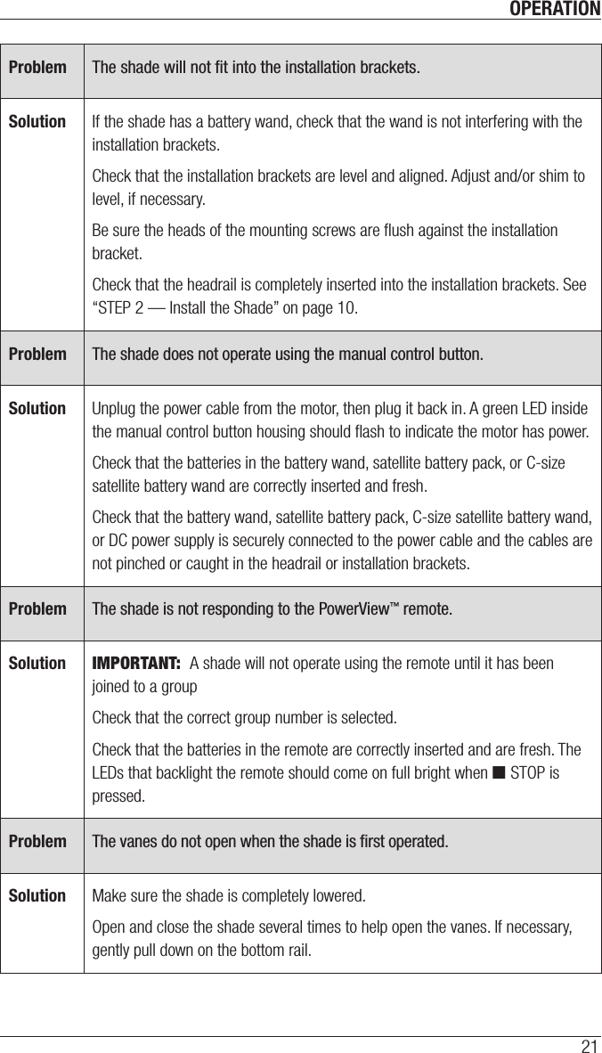 OPERATION21Problem The shade will not ﬁt into the installation brackets.Solution If the shade has a battery wand, check that the wand is not interfering with the installation brackets.Check that the installation brackets are level and aligned. Adjust and/or shim to level, if necessary. Be sure the heads of the mounting screws are ﬂush against the installation bracket.Check that the headrail is completely inserted into the installation brackets. See “STEP 2 — Install the Shade” on page10.Problem The shade does not operate using the manual control button.Solution Unplug the power cable from the motor, then plug it back in. A green LED inside the manual control button housing should ﬂash to indicate the motor has power. Check that the batteries in the battery wand, satellite battery pack, or C-size satellite battery wand are correctly inserted and fresh. Check that the battery wand, satellite battery pack, C-size satellite battery wand, or DC power supply is securely connected to the power cable and the cables are not pinched or caught in the headrail or installation brackets.Problem The shade is not responding to the PowerView™ remote.Solution IMPORTANT:  A shade will not operate using the remote until it has been joined to a groupCheck that the correct group number is selected.Check that the batteries in the remote are correctly inserted andarefresh. The LEDs that backlight the remote should come on full bright when ■ STOP is pressed.Problem The vanes do not open when the shade is ﬁrst operated.Solution Make sure the shade is completely lowered.Open and close the shade several times to help open the vanes. If necessary, gently pull down on the bottom rail.