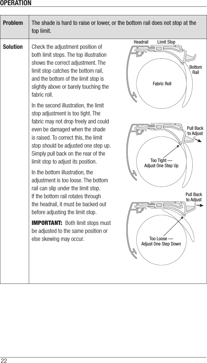 OPERATION22Problem The shade is hard to raise or lower, or the bottom rail does not stop at the top limit.Solution Check the adjustment position of  both limit stops. The top illustration shows the correct adjustment. The limit stop catches the bottom rail,  and the bottom of the limit stop is slightly above or barely touching the fabric roll.In the second illustration, the limit stop adjustment is too tight. The fabric may not drop freely and could even be damaged when the shade is raised. To correct this, the limit stop should be adjusted one step up. Simply pull back on the rear of the limit stop to adjust its position.In the bottom illustration, the adjustment is too loose. The bottom rail can slip under the limit stop. If the bottom rail rotates through the headrail, it must be backed out before adjusting the limit stop.IMPORTANT:  Both limit stops must be adjusted to the same position or else skewing may occur. Pull Backto AdjustFabric RollBottomRailLimit StopHeadrailPull Backto AdjustToo Tight —Adjust One Step UpToo Loose —Adjust One Step Down